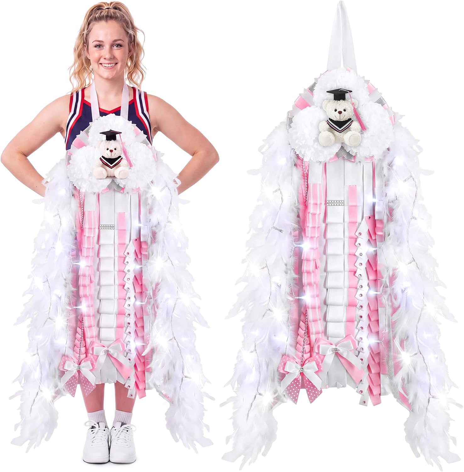 Thenshop 47 Inch LED Homecoming Mum with Graduation Bear, Pink and White