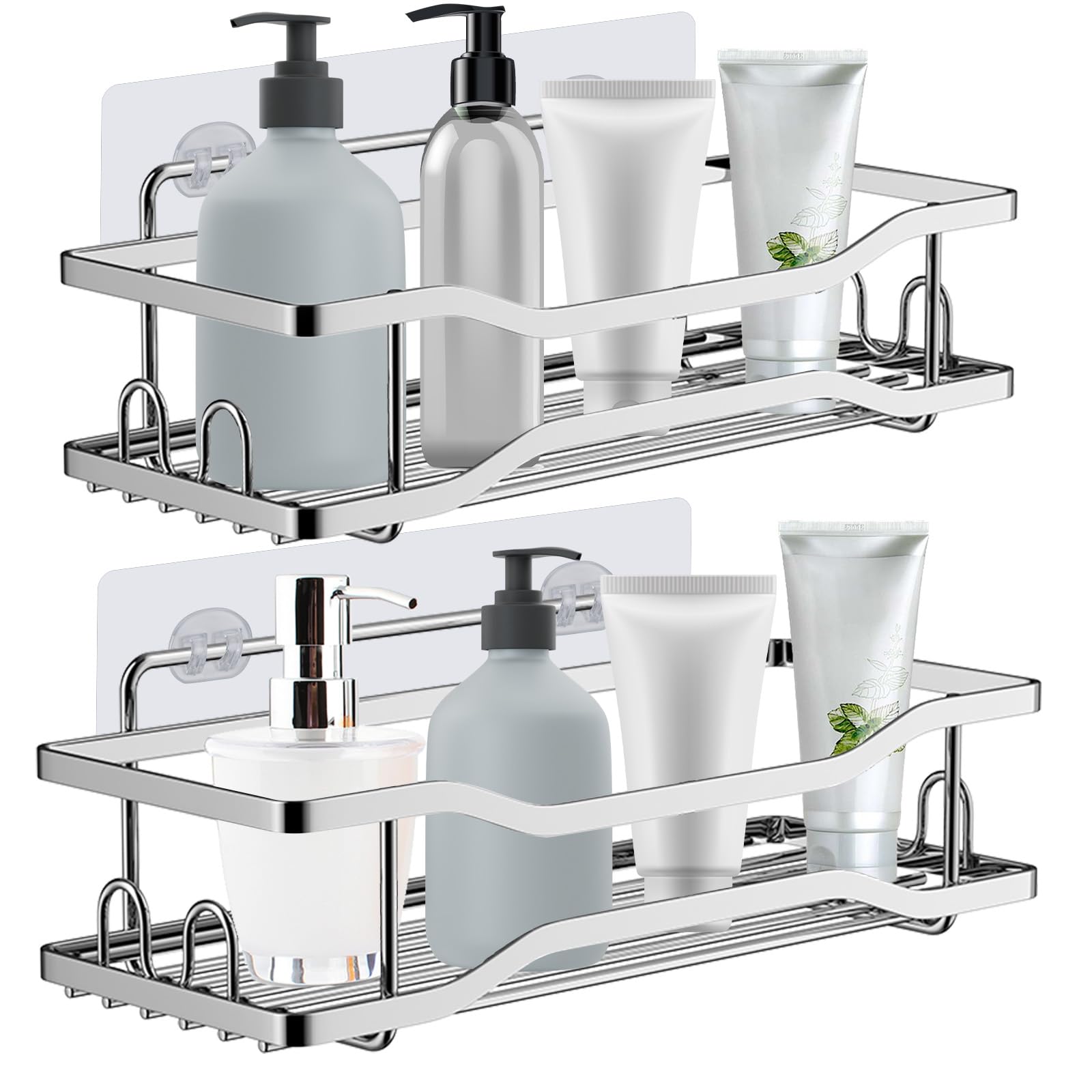 JABNOW 2 Piezas Estanterías de Baño Adhesivo Estantes Cesta para Ducha sin Taladro de Acero Inoxidable, Repisas Organizador para Baño o Cocina, Resistente al Agua y al Oxido -Plata