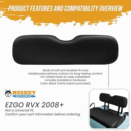 Miniatura 6 de Huskey Parts Company Cojín de asiento de carrito de golf para asiento delantero, respaldo inclinado, color negro para EZGO RXV 2008+, reemplazo del