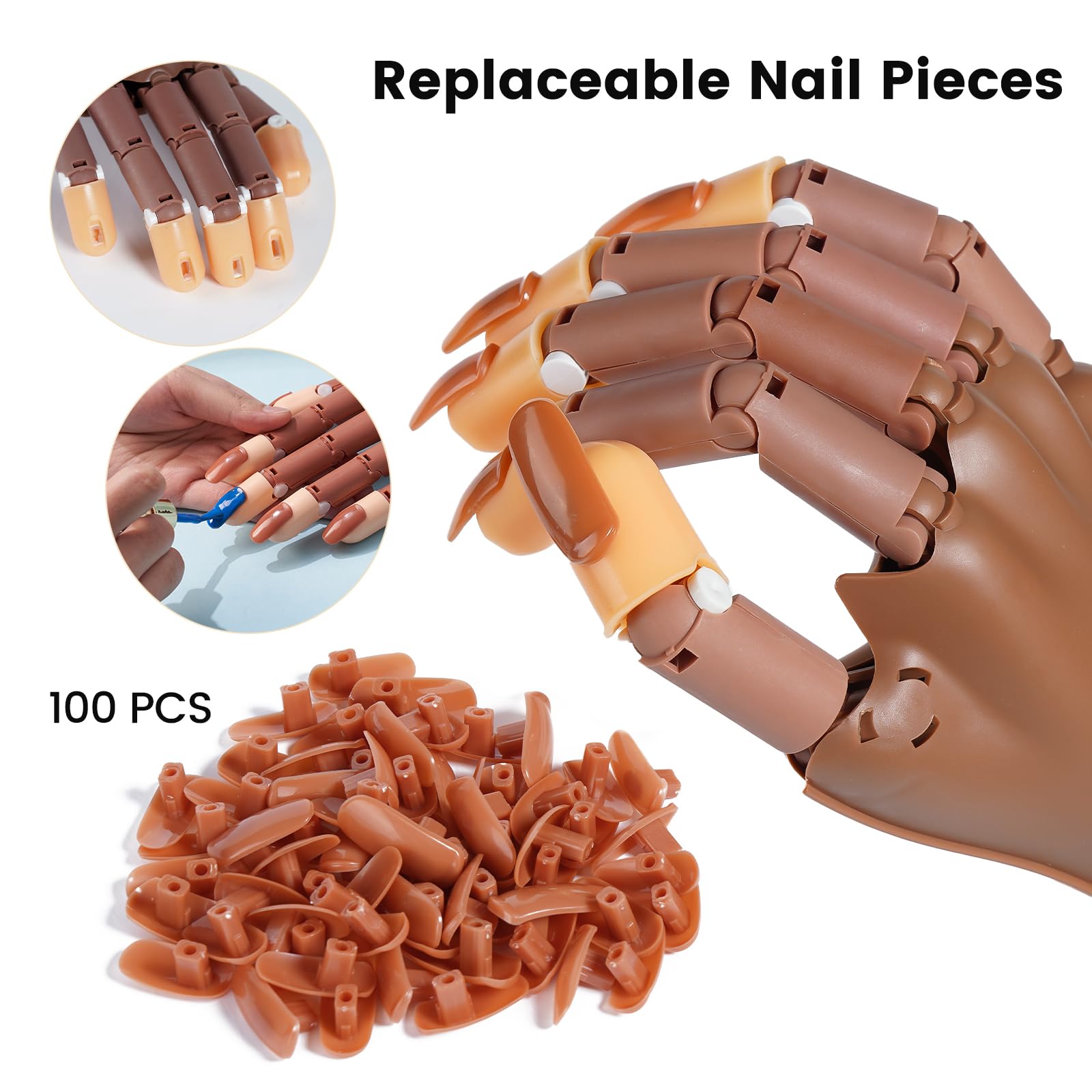 Deciniee Übungshand für Nageldesign - Flexible Nagelübungshand mit 100 Stück Nagelspitzen/15 Nagel Pinsel/Nagelfeile/Strasssteine Nägel - Nagelhandübungsmodell- Acryl Nagel-Set für Nagelmaniküre