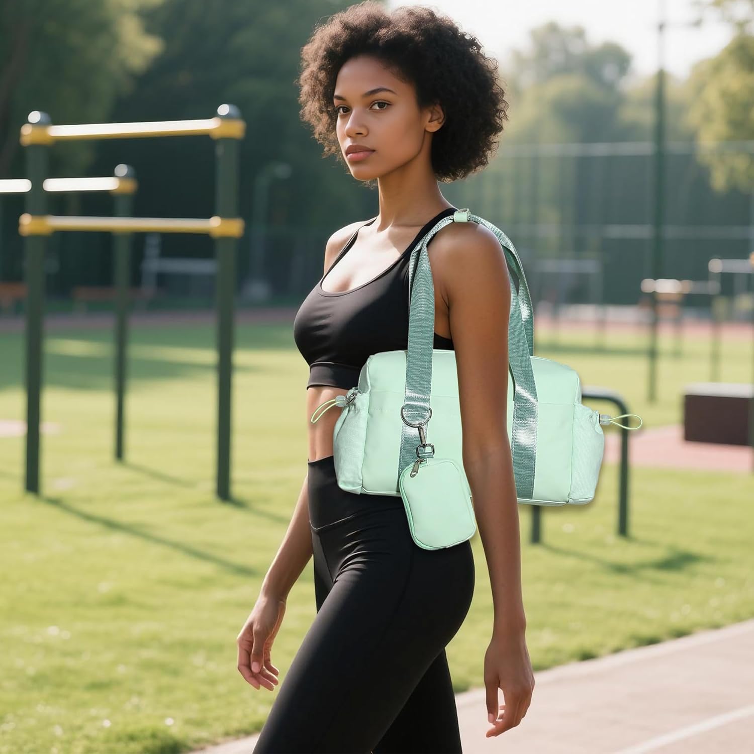 Everyday Mini Gym Bag for Women 2.0, Small Tote with Zipper Compartment Waterproof Travel Duffle Cute Handbag Workout Carry On with Removeable Shoulder Strap & Coin Wallet Easy to Clean - Green - Image 9