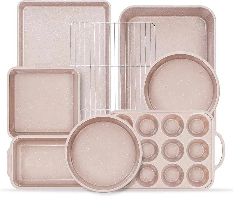 8-Piece Baking Pans Set Nonstick, Bakeware Set includes Silicone Muffin, Loaf, Cake Pans with Metal Reinforced Frame, and Carbon Steel Roasting Pan, Cookie Sheet, Cooling rack for Oven