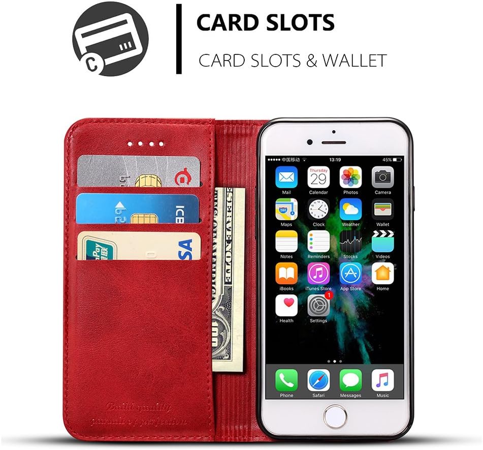 FLY HAWK Wallet Case Compatible iPhone Xs/iPhone 10S, Flip Premium PU Leather Cover Card Slot Holder with Kickstand for iPhone X/iPhone 10 (2017) 5.8 inch Red