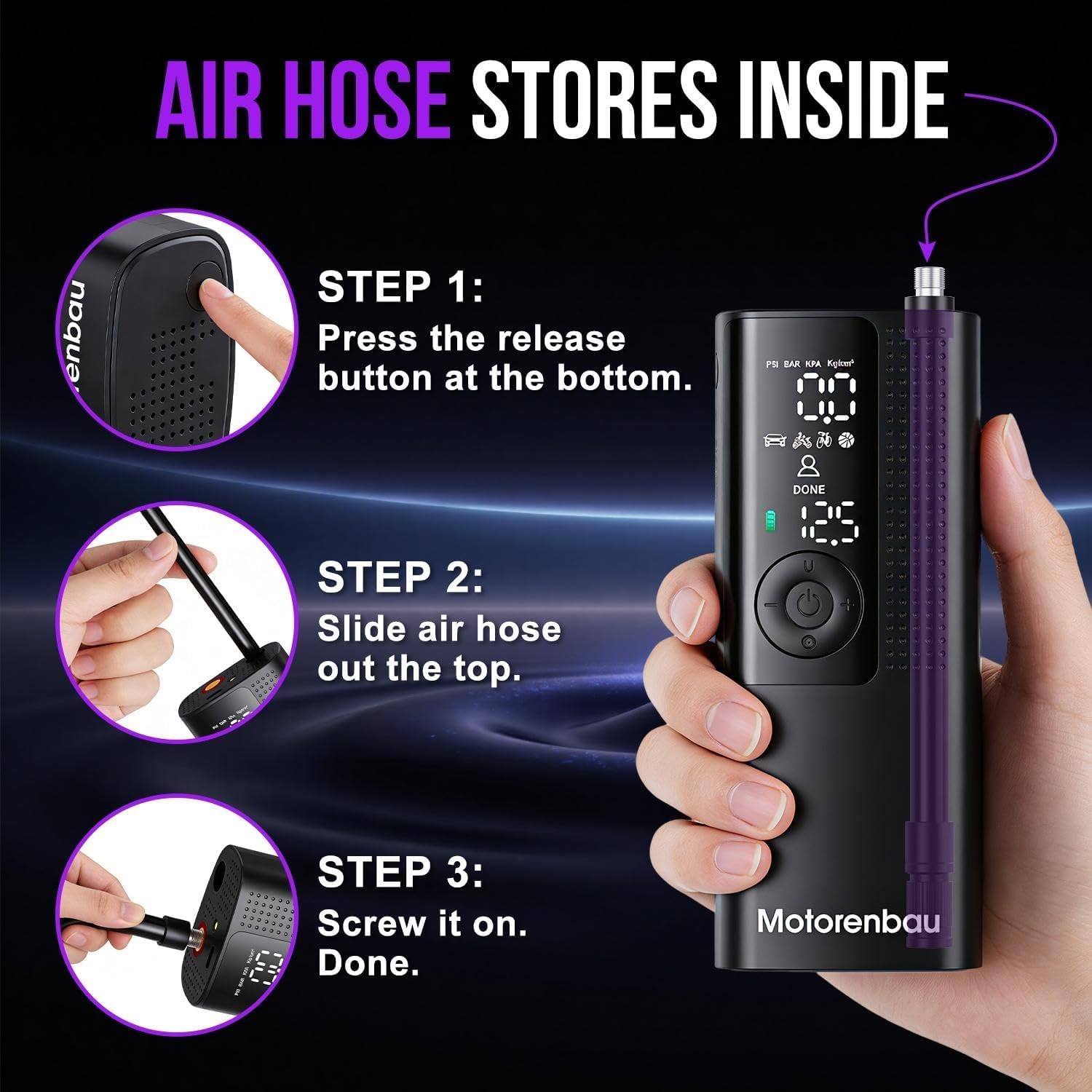 Gonfiatore Portatile per Pneumatici con compressore – Mini Pompa ad Aria Senza Fili con manometro Digitale, 150 PSI, Funzione di gonfiaggio rapido 3 Volte e Funzione di spegnimento
