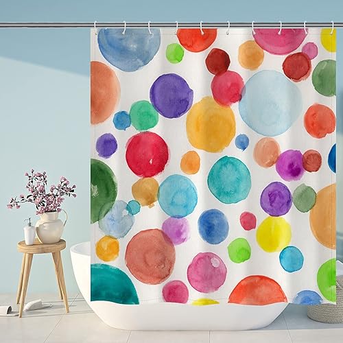 De-Mediocre Cortina de ducha de lunares para niños, acuarela, arco iris, colorido, 72 x 72 pulgadas, círculos abstractos para niños y niñas, cortina
