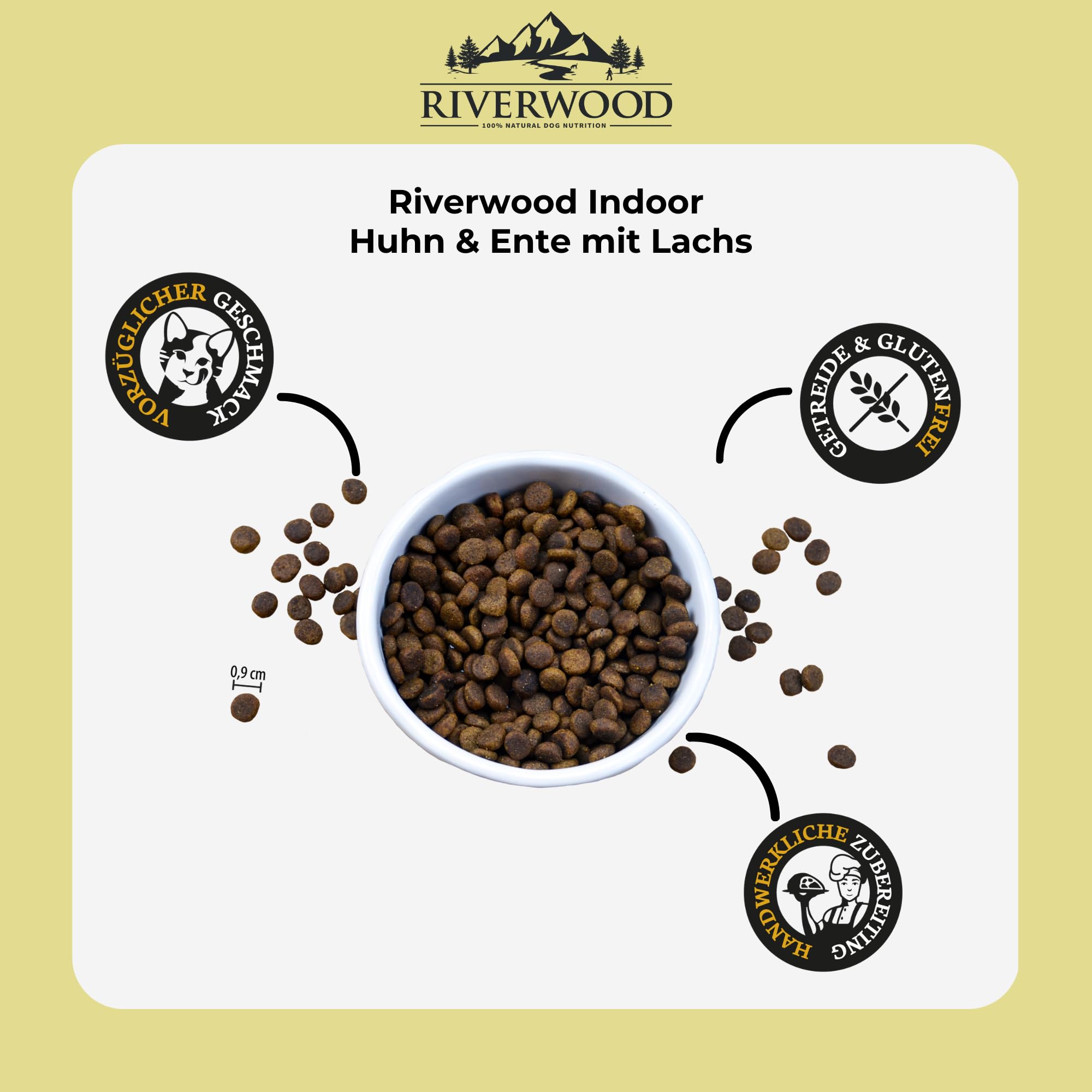 Riverwood Indoor Katzenfutter | Huhn & Ente mit Lachs | Ultra Premium Getreidefreies Trockenfutter | Hoher Fleischanteil | für Erwachsene Hauskatzen | 6 KG