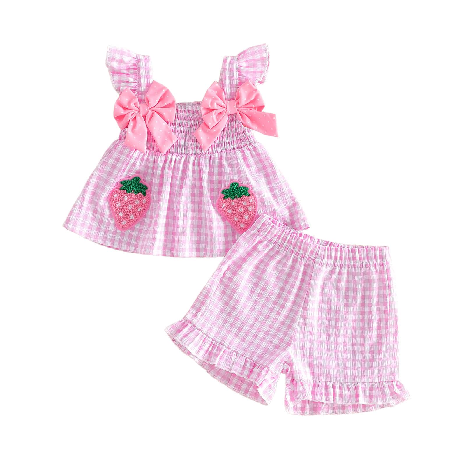 Toddler Baby Girl Summer Clothes Infant Girl Plaid Outfit Strawberry Ruffle Gingham Shirts Dress Tank Top Shorts Set — view 32
