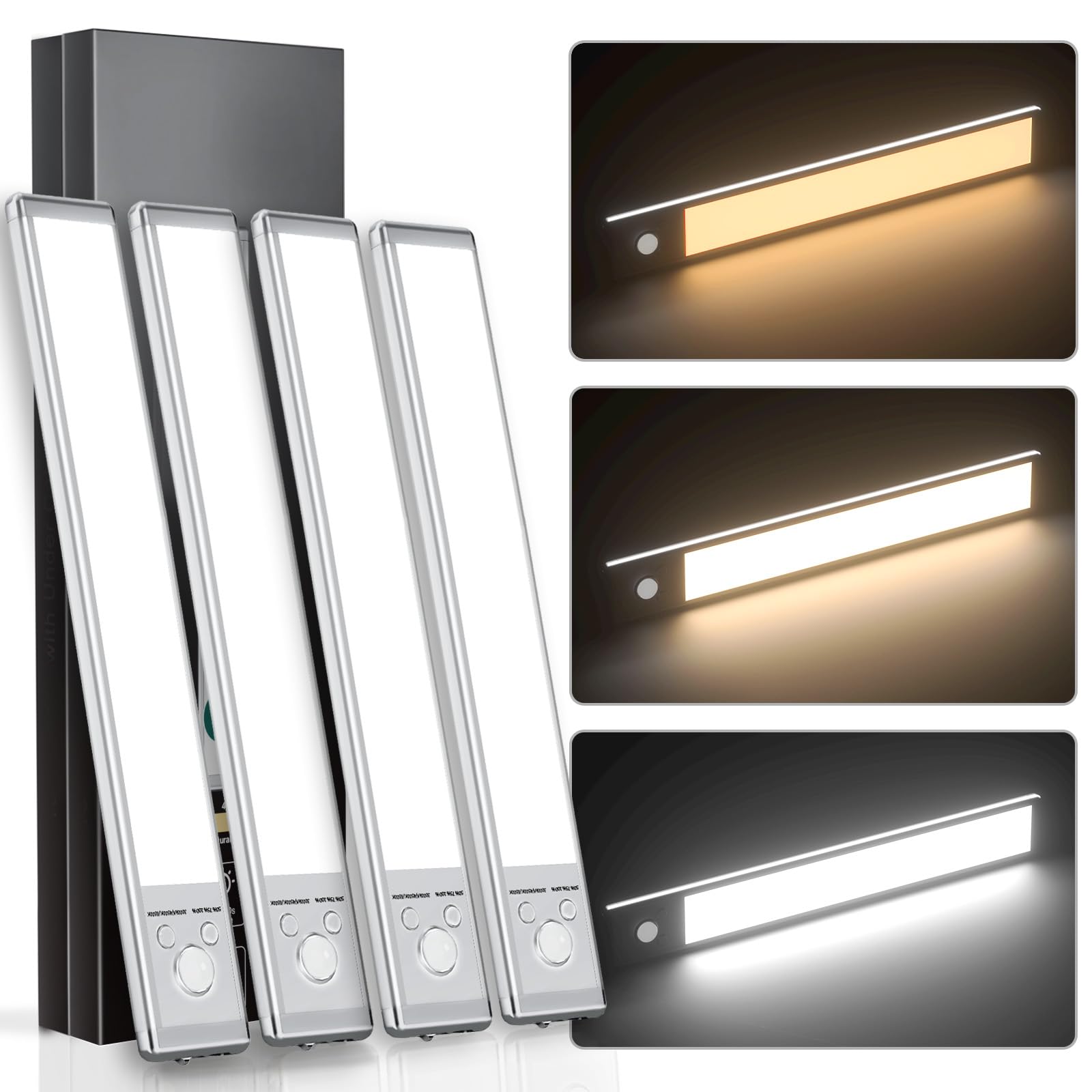 Unterschrankleuchten, 88 LED-betriebene Bewegungsmelder-Lichter für den Innenbereich, 2200 mAh über USB wiederaufladbar, 4 Stück, magnetische, dimmbare Schrankleuchten, kabellose Unterbauleuchten für