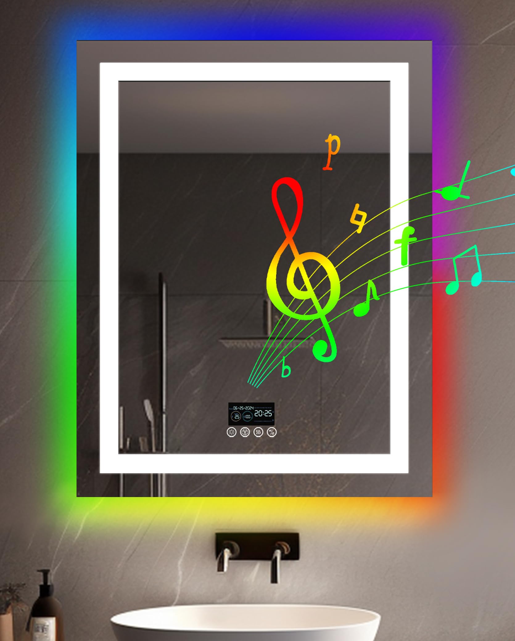 LUVODI Espejo Baño Led Bluetooth 70x90 cm Rectangular Espejo Baño con Luz Frontal y Luz RGB Retroiluminado Regulable Espejo Moderno Inteligente Antivaho con Pantalla Digital Hora Fecha Temperatura