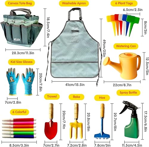 Miniatura 4 de IELEK El juego de herramientas de jardín para niños incluye rastrillo, pala, pala, pala, guantes de delantal, regadera y bolsa de mano, sombrero