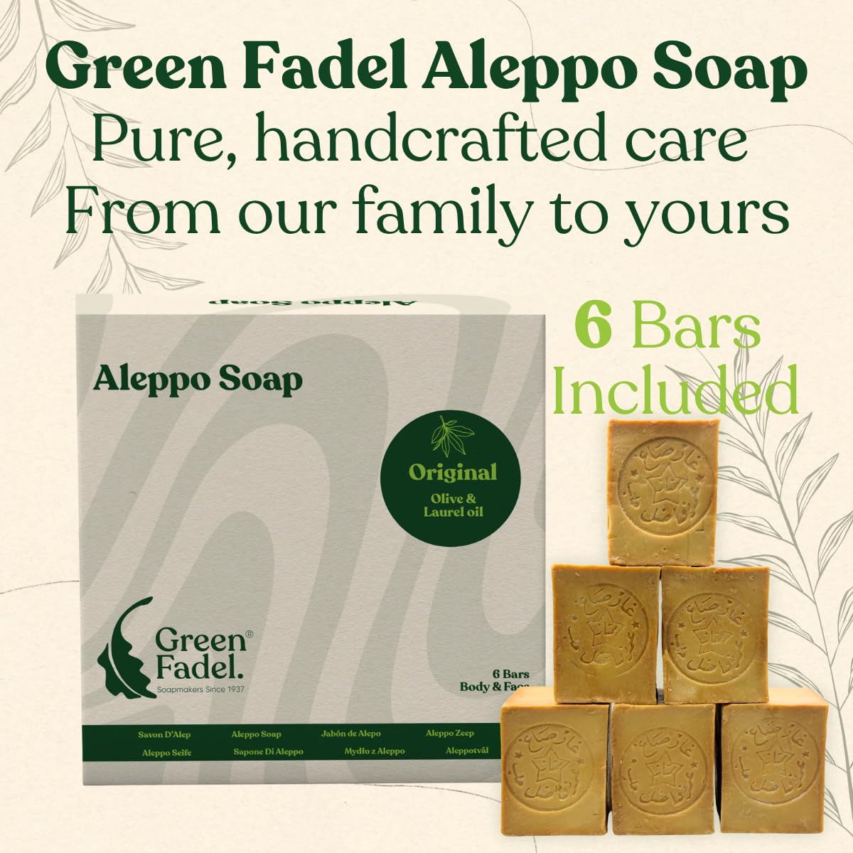 GREEN FADEL Sapone di Aleppo Originale, all'Olio d'Oliva e Olio di Alloro, 6 x ca. 200g, Sapone all'Olio d'Oliva, Naturale, Fatto a Mano, Vegano, per Viso e Corpo