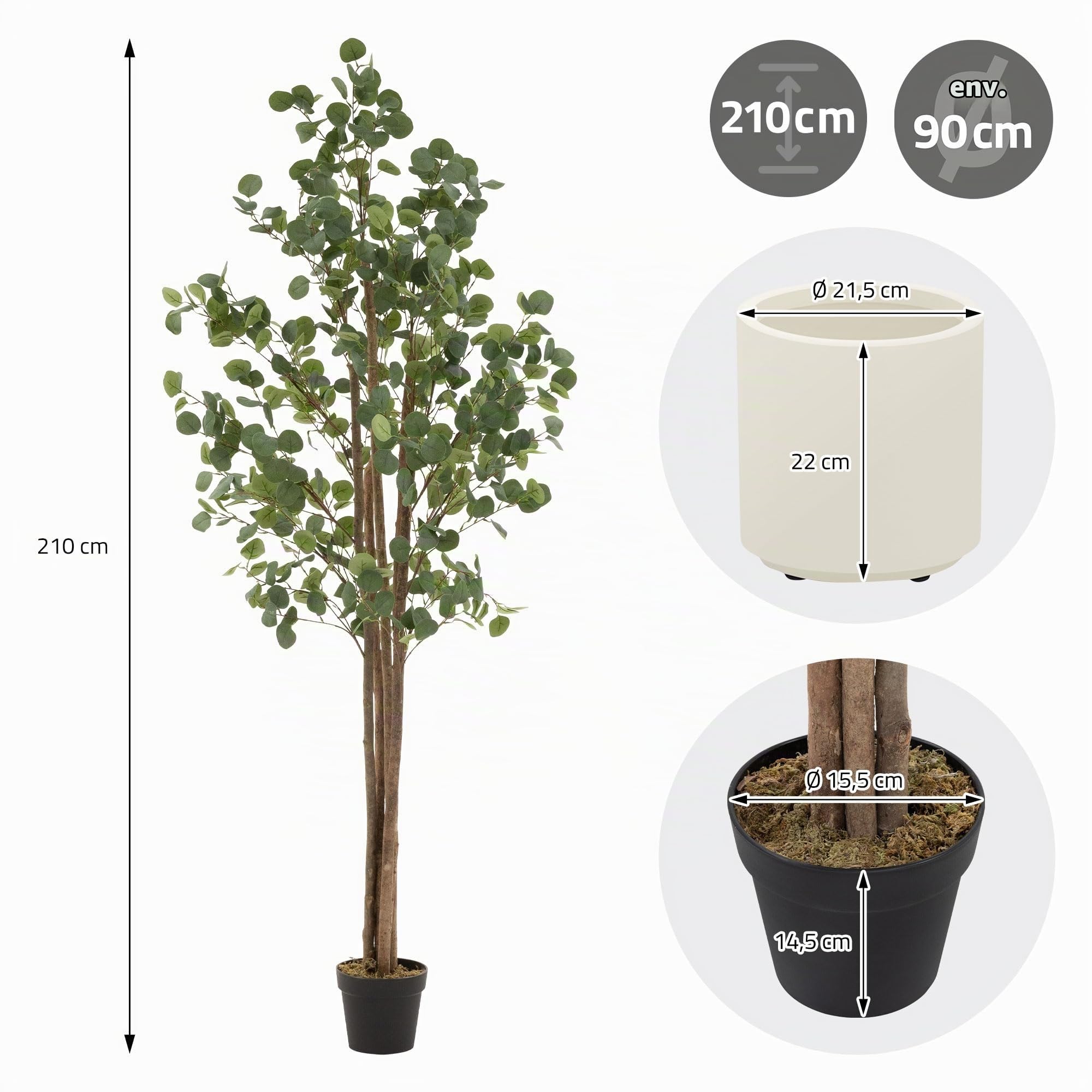 ML-Design Eucalyptus Artificiel 210 cm Décoratif, Plante Verte Grande avec Tronc en Bois Naturel, Fausse Plante en Pot, Déco Aspect Naturel, Arbre pour Intérieur/Extérieur Chambre Balcon Salon Bureau
