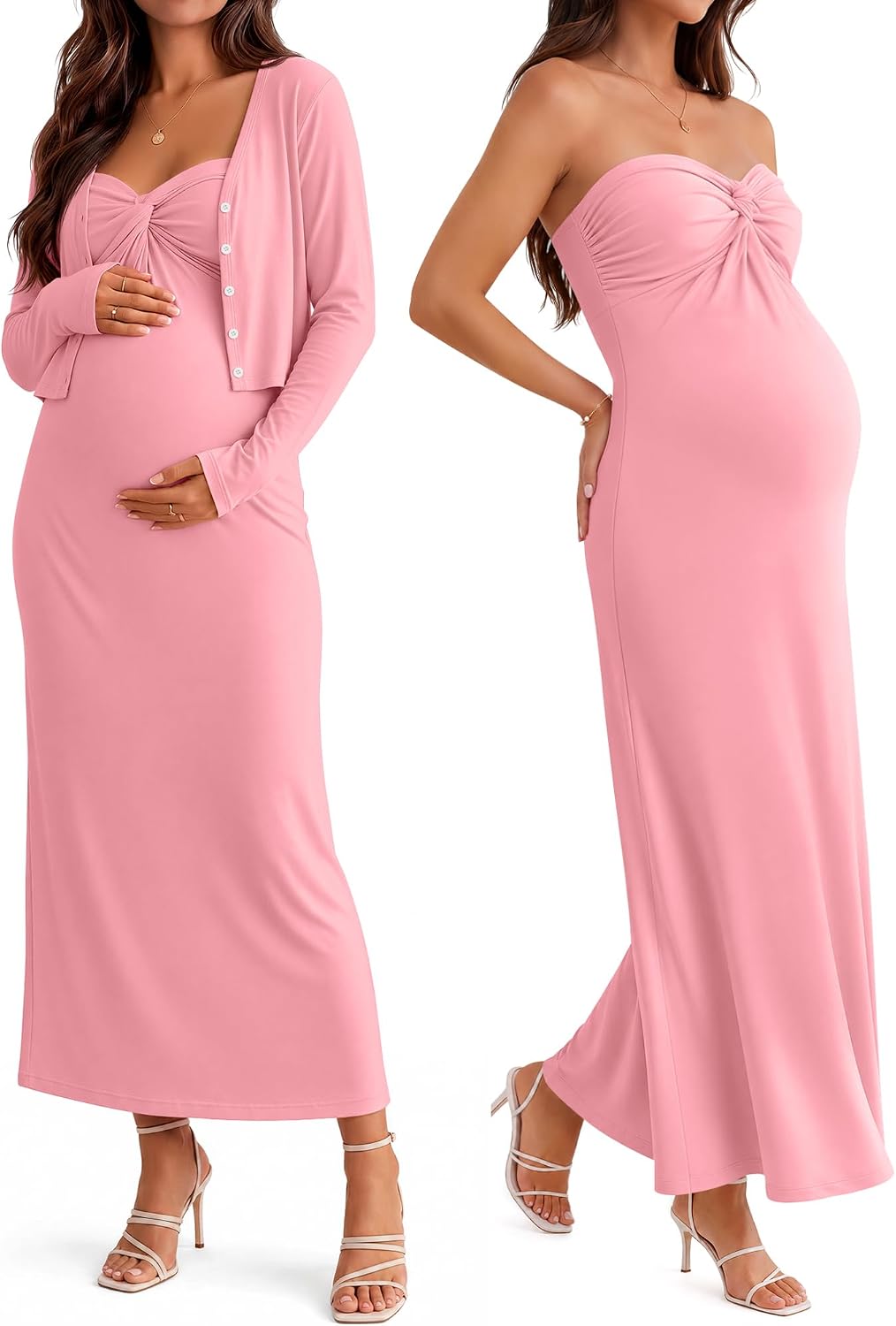 Locoowai 2 Piece Maternity Maxi Dress Cardigan Set
