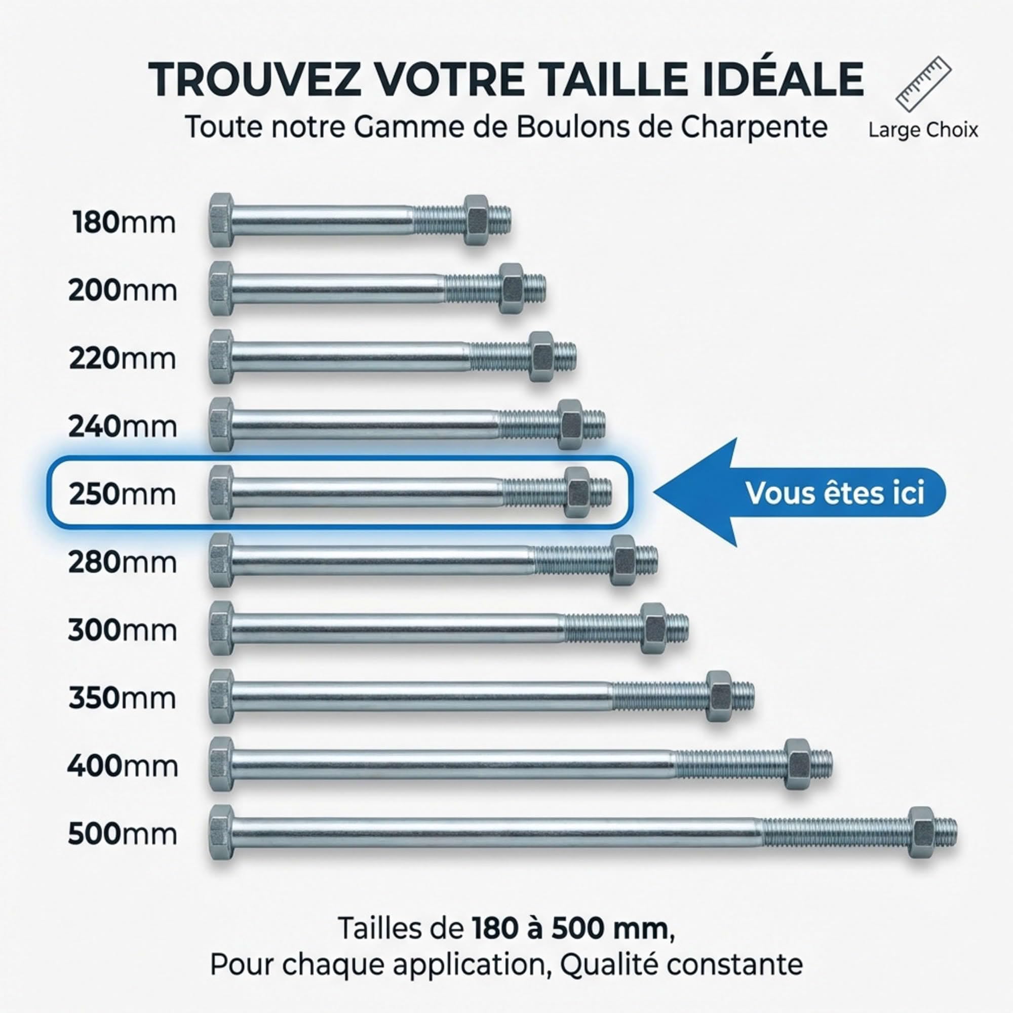 25 Boulons de Charpente tête hexagonale zingués - diamètre 16 mm - Longueur 220 mm - Diamètre 16 mm