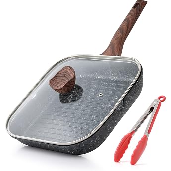 Cordisen Induction Grill Pan 28 cm with Lid - Grill Pan with Spout & Square Steak Pan, Granite Non-Stick Coating, for All Hob