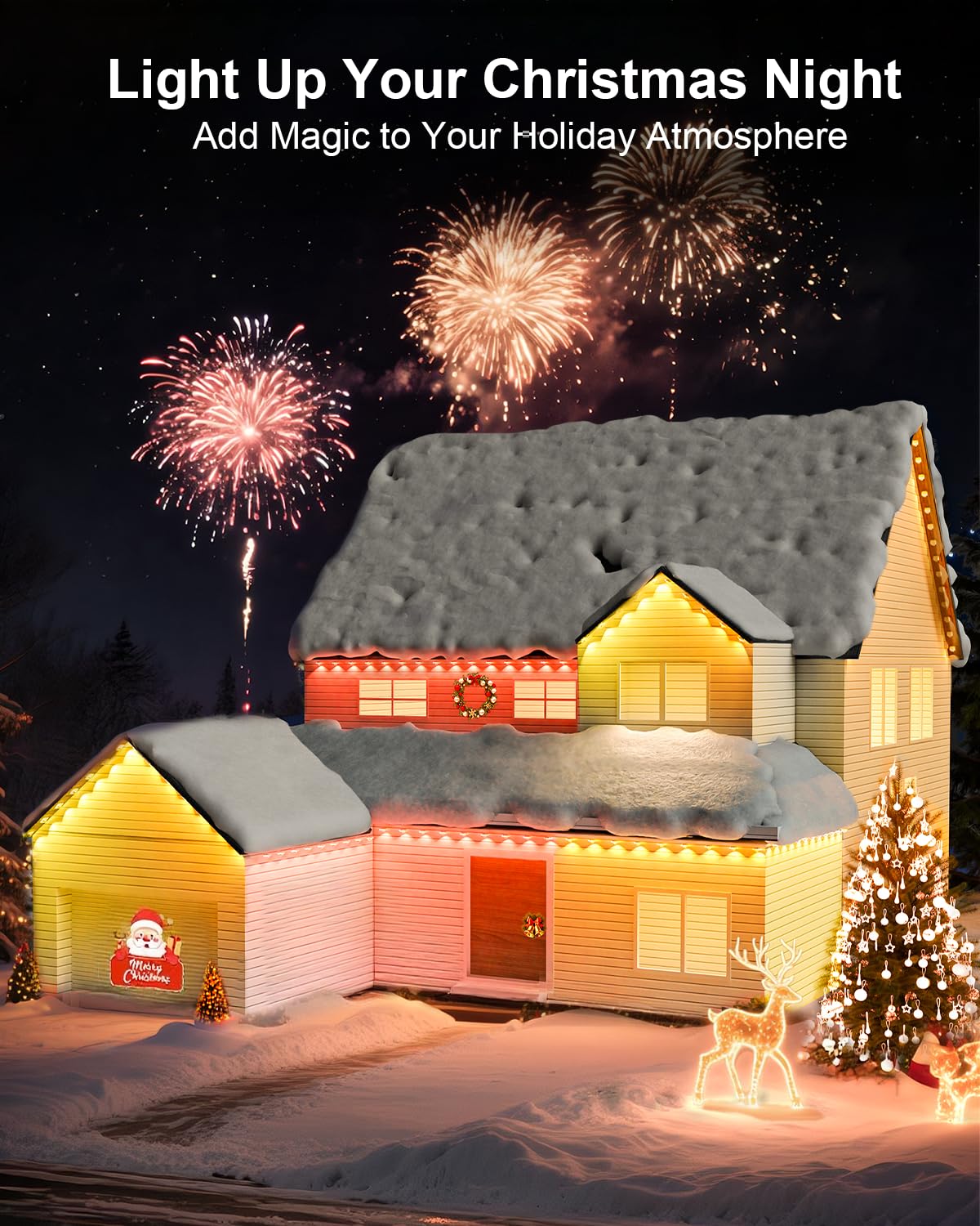 House decorated with Halloween-themed colorful eave lights, creating a spooky atmosphere.