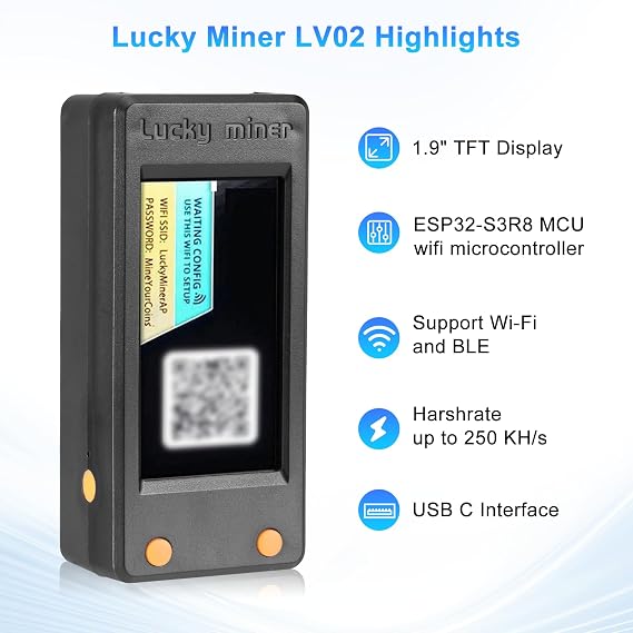 Lucky Miner LV02 BTC Solo-Miner Mining Bitcoin Miner ESP32-S3R8 WiFi mit 1.9 Display USB-C 250 KH/s Hashrate Support WiFi BLE Verbindung