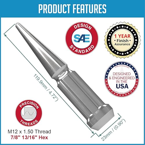 Vista 48 de Wheel Accessories Parts 20 piezas M12x1.5 12x1.5 rosca Spike Spline 4.40" largo tuercas negras 7/8" y 13/16" hexagonales para Chevy Blazer S10 GMC