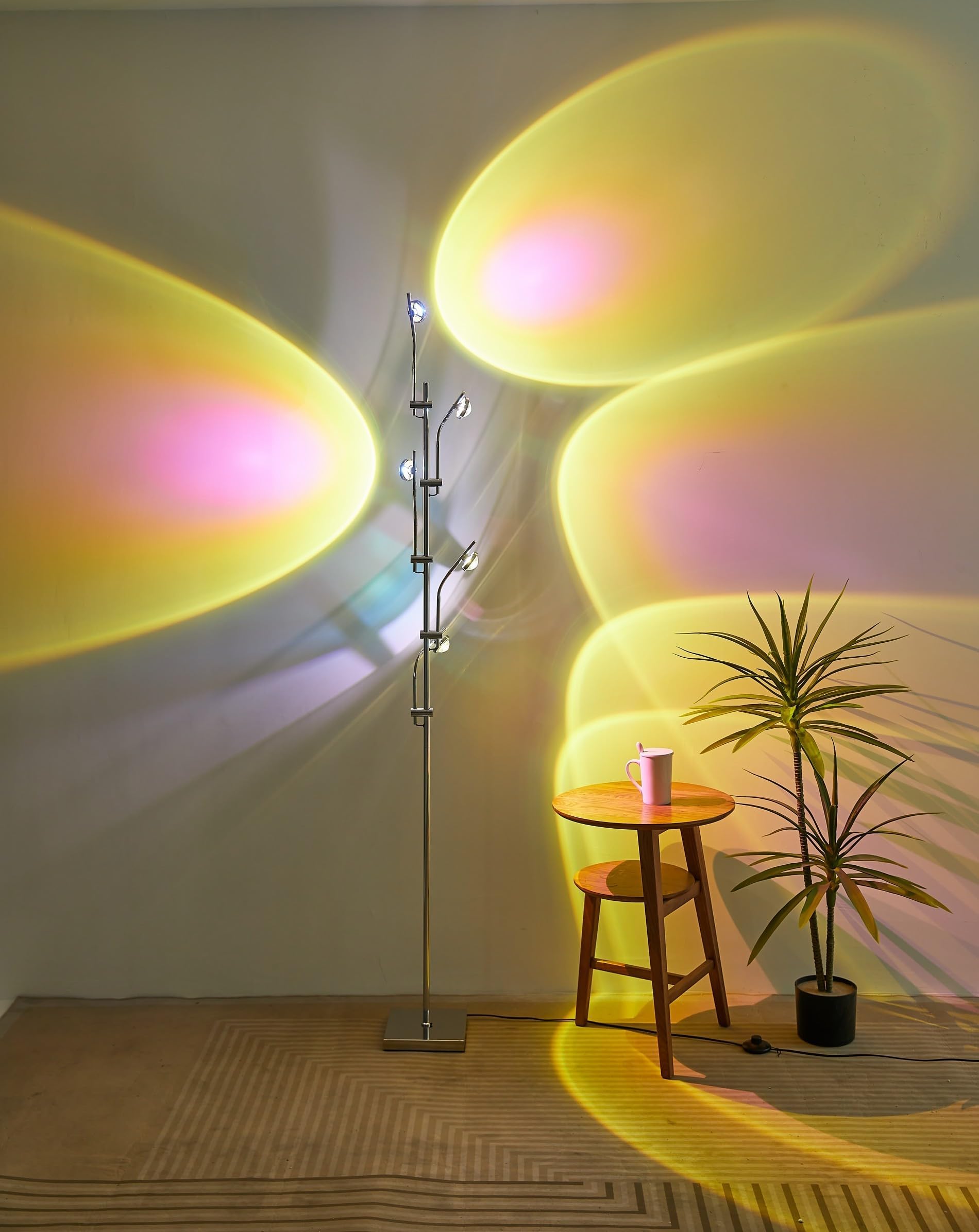 Sunset Floor Lamp Projector 5 Head Multi Head Floor Light with Replaceable Filters Ambient Mood Lighting for Bedroom, Living Room 72in Chrome Unique Modern Colorful Sunset Lamp with Halo Effect