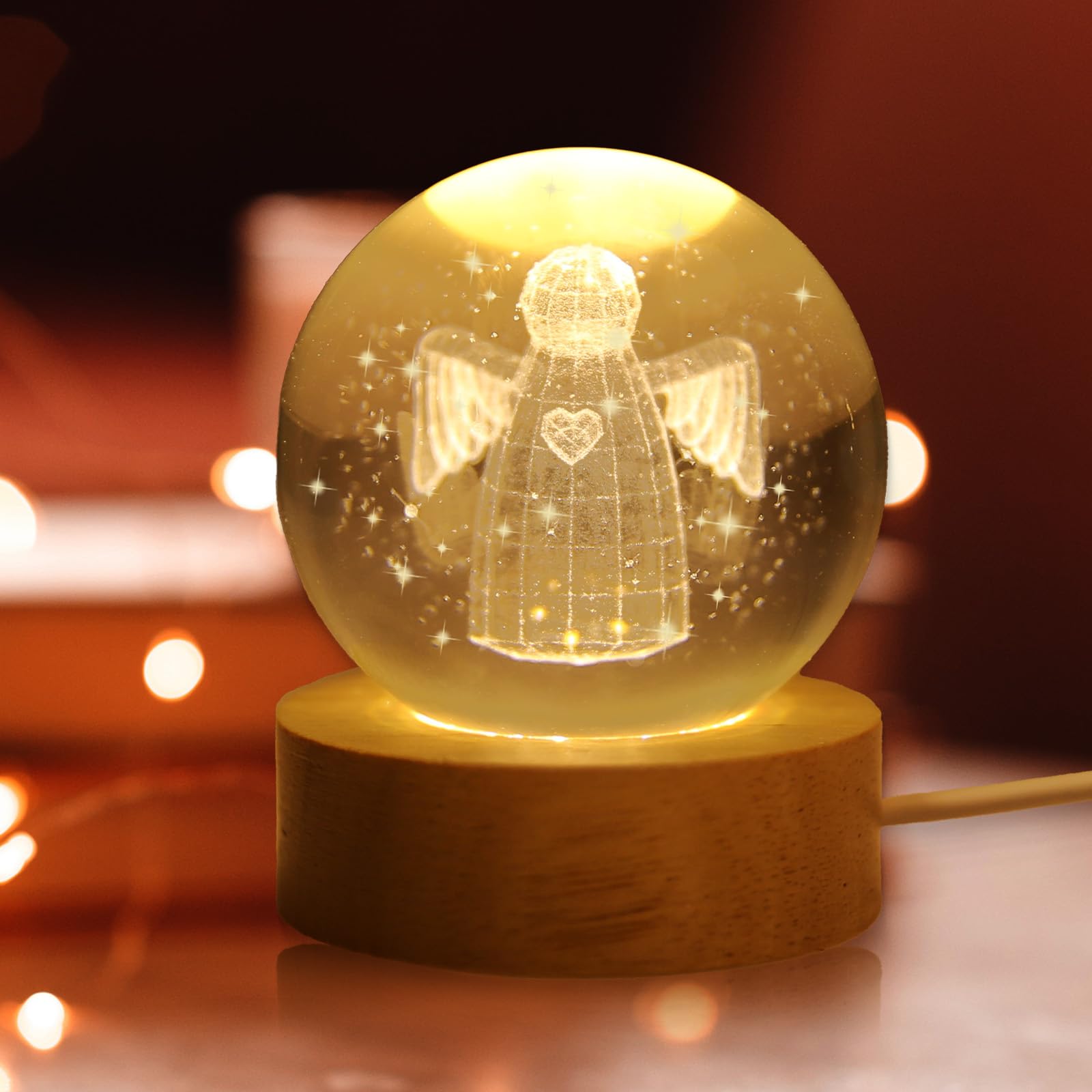 APODESS Schutzengel Geschenk LED Glücksbringer Engel Kristallkugel Nachtlicht Taufgeschenke Jungen Mädchen USB 3D Glücksengel Kismet Angel Schneekugel Engel für Taufe Weihnachten Patenkind