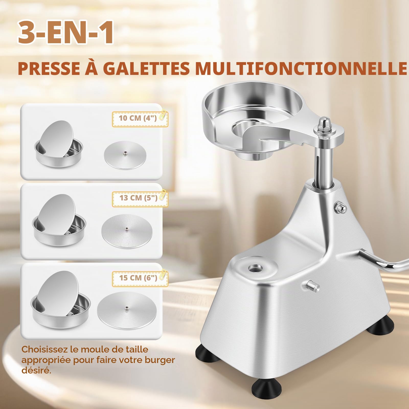 Moongiantgo 3-en-1 Presse à Hamburger Manuelle en Acier Inoxydable | Machine à Burger Commerciale, 3 Plateaux de Tailles 4/5/6" &1500 Papiers Cirés pour Extérieur Cuisine Restaurant (10/13/15CM)