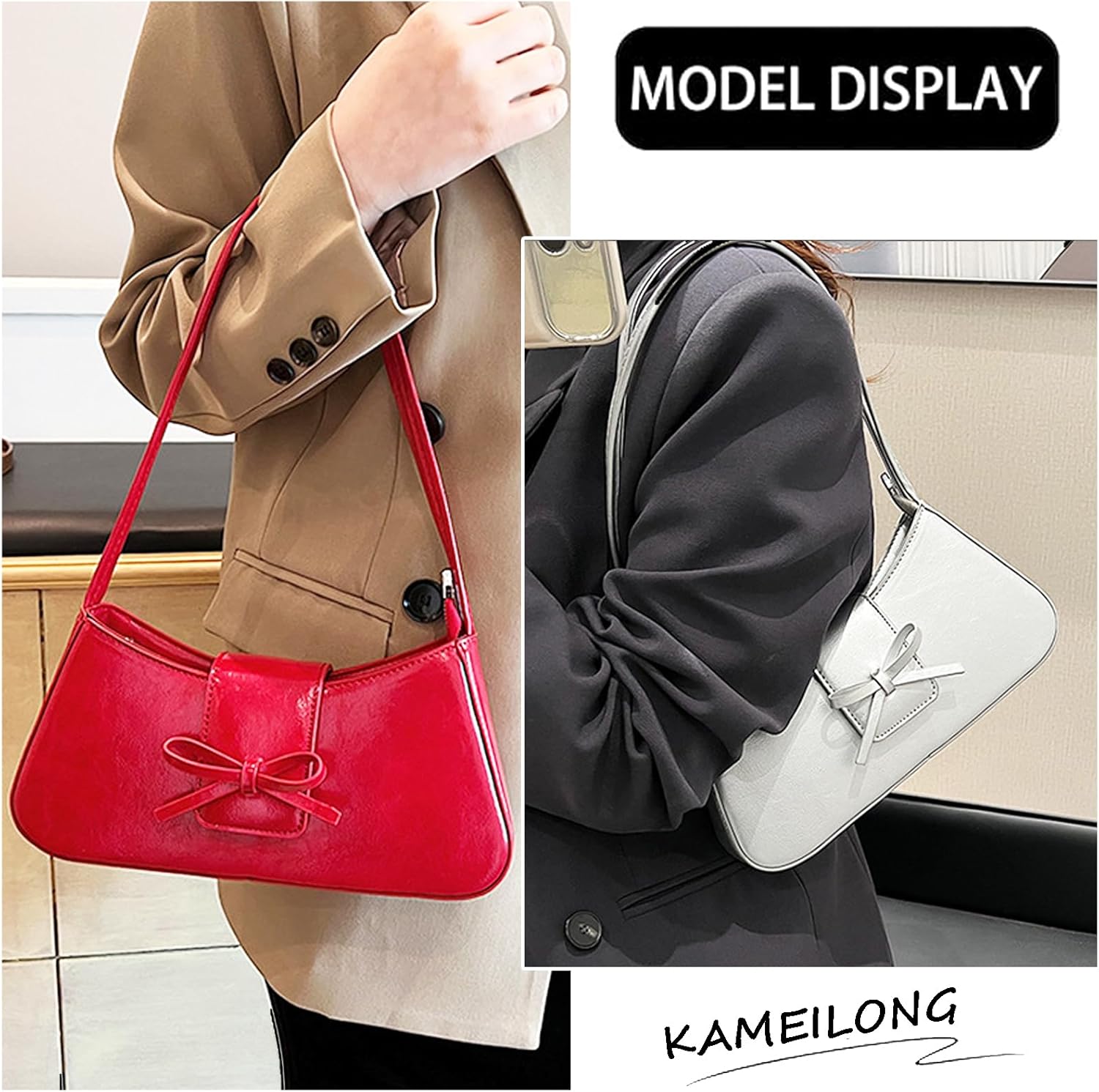 Trendy Red Shoulder Bag for Women Patent Leather Hobo Handbags Y2K Purses Clutch Bag Cute Bow Purse - Image 4