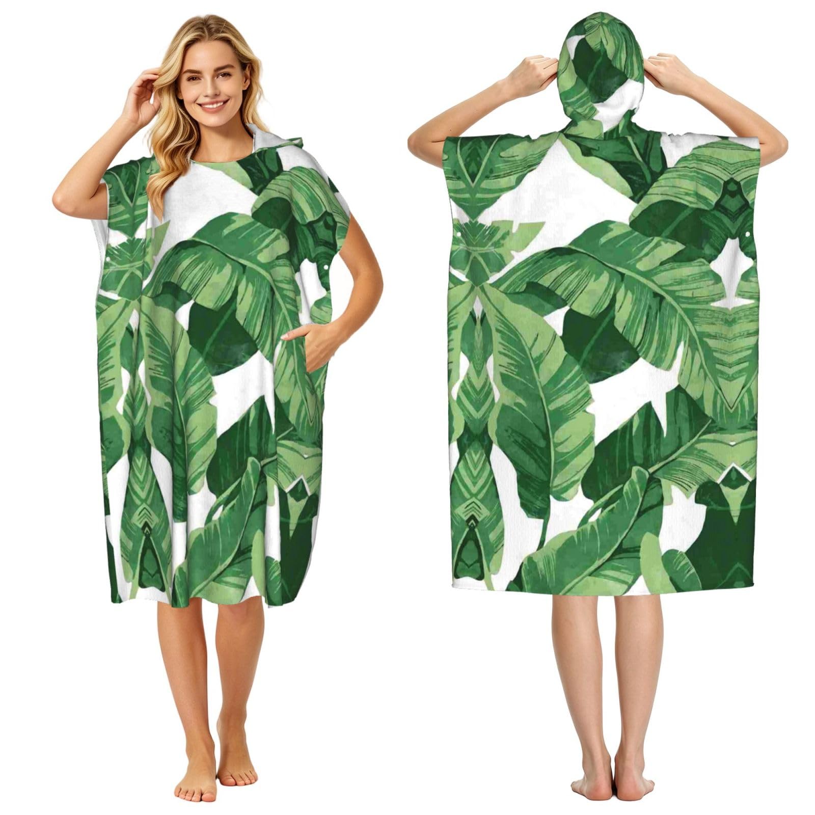 EZDLOWVBA Cute Green Palm Leaves Print Hooded Poncho Microfiber Beach Towel,Adult Women & Men Changing Robe,Lightweight Summer Surf Swim Bath Poncho Towel