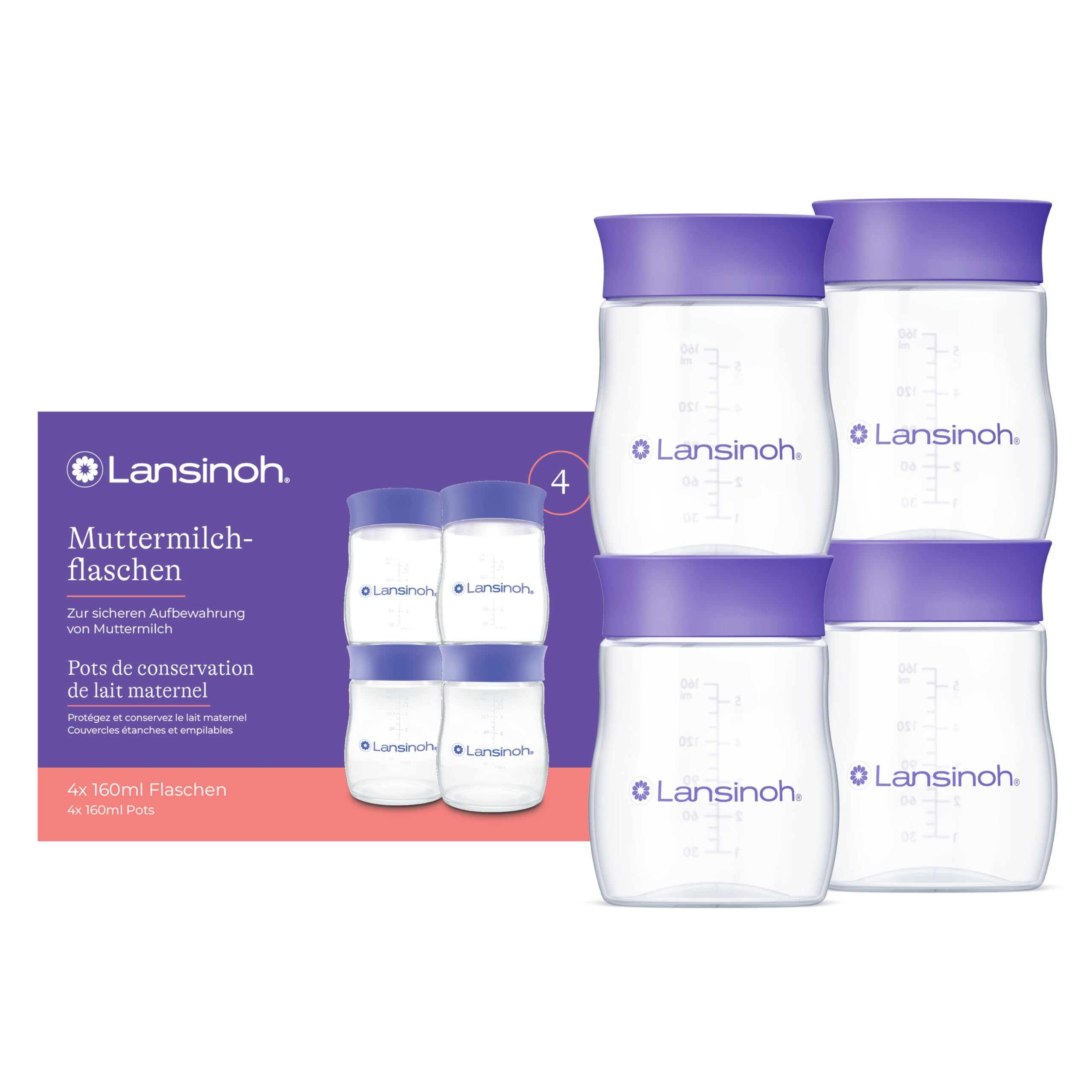 Lansinoh Muttermilchflaschen, 4 x 160 ml - zur sicheren Muttermilch Aufbewahrung - neues kompaktes Design für verbesserte Stabilität - mit stapelbarem Deckel