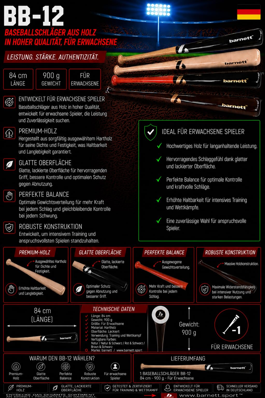 BARNETT Kij baseballowy BB-12 z drewna (jasnobrązowy)