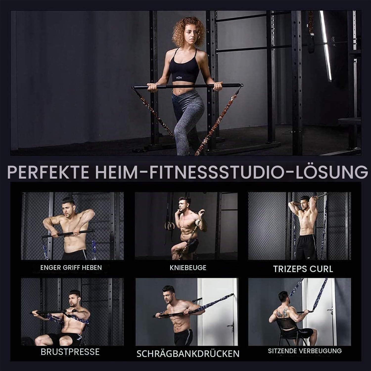 INNSTAR Portable Home Gym, Verstellbares Widerstandsband mit Stange und Kniebeugen-Bändern für Heimtraining, Bankdrücken Brusttrainer Resistance Band Set für Brust, Arm, Beintraining