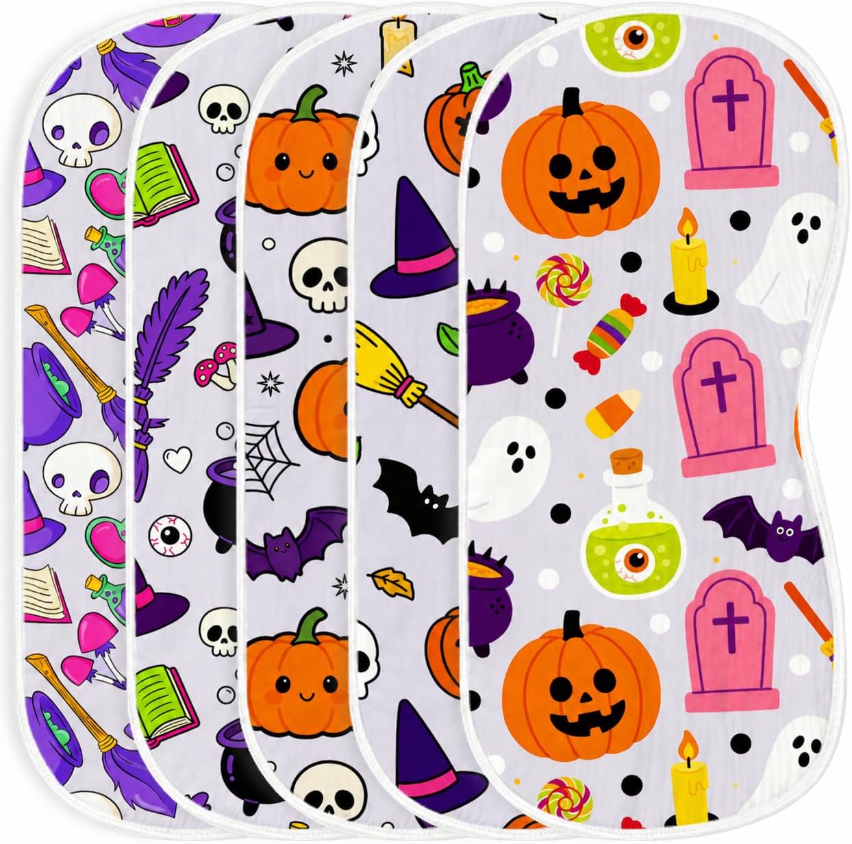 5 Pack Halloween Baby Burp Cloths for Boys Girls, 20x10 Inches Burp Rags with Spooky Pumpkin Ghost Witch Hat Print, Ultra Absorbent Soft Shoulder Pads Baby Shower Registry Gift