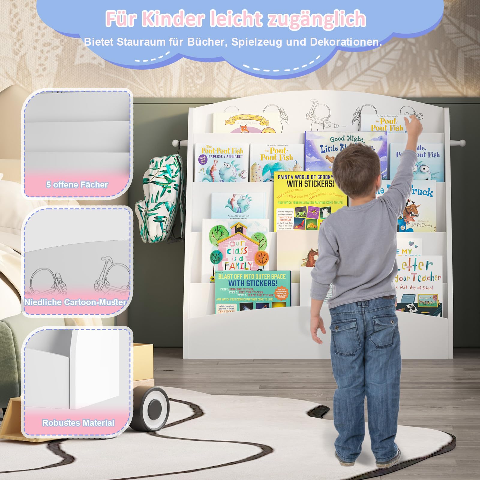 KEEPREAPER Kinder Bücherregal mit 5 offenen Fächern und Haken, Kinderregal Holz, Montessori Aufbewahrungsregal für Kinderzimmer, 80x30x75cm (Weiß)