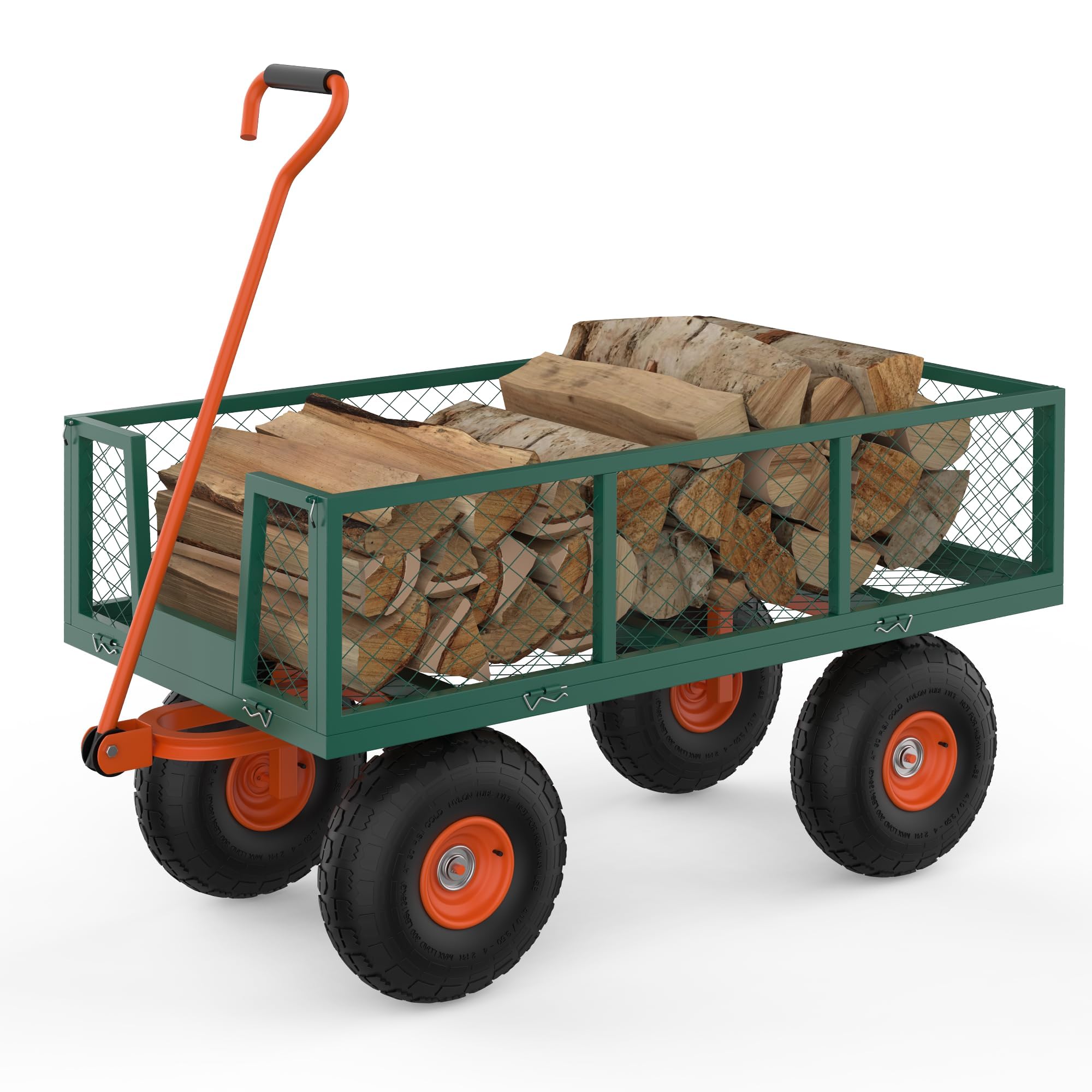 Garvee Carretilla de Jardín de Acero de Alta Resistencia, Carro de Transporte Exterior con Paneles Laterales Extraíbles, Capacidad de Carga de 227 kg, Ruedas Neumáticas Todo Terreno, Verde y Naranja