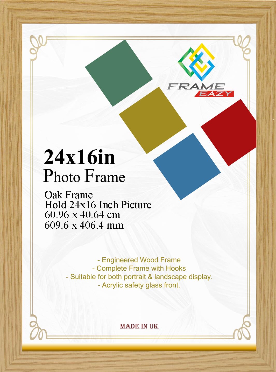 Modern Oak Frame 24 x 16 Inch (60.96 x 40.64cm) Large Picture Poster Frames with Safe Clear Perspex Front & Wall Mounting - Oak 16" x 24" Premium Wall Photo Frames