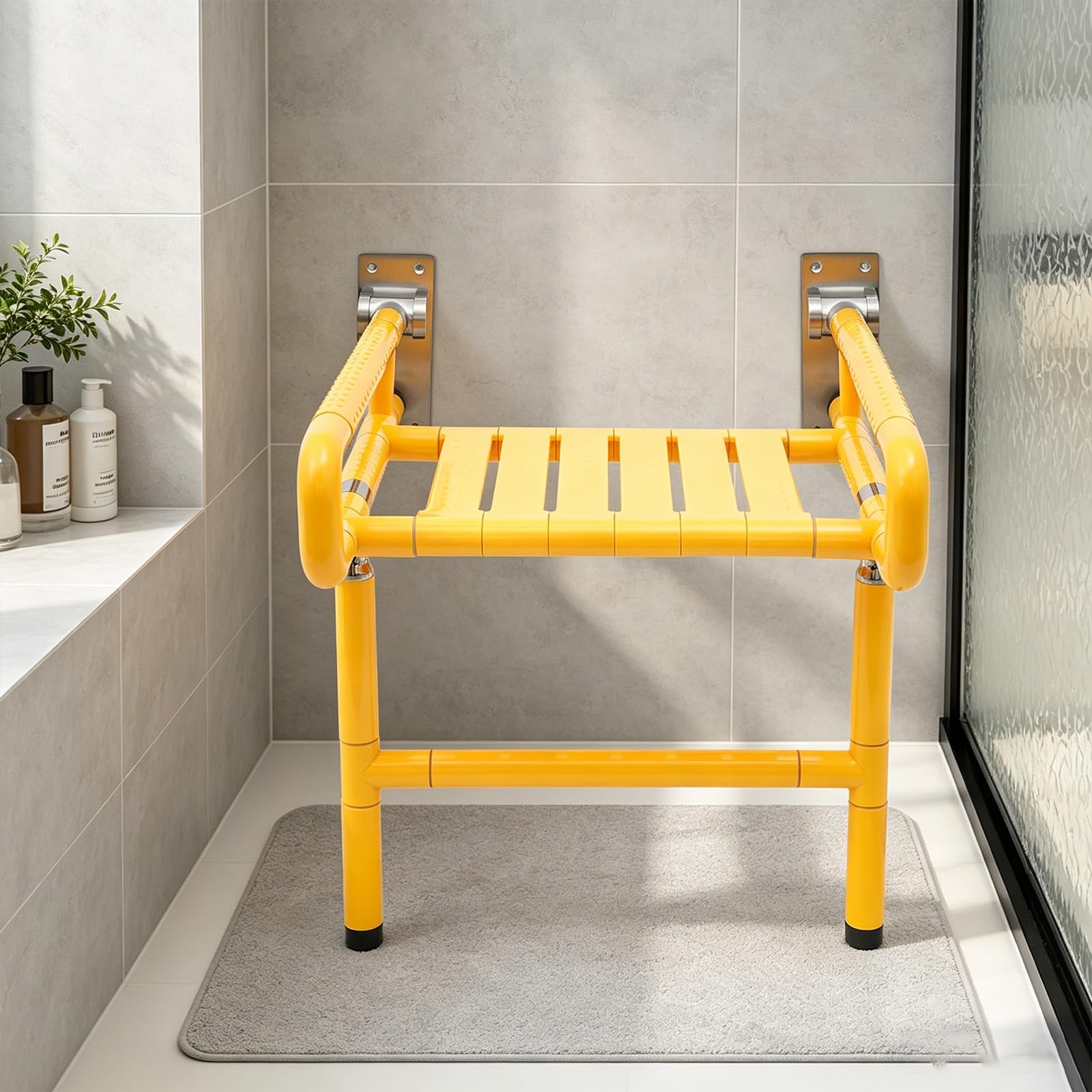 Silla de ducha plegable con barra de agarre, asiento de ducha montado en la pared para adultos, soporta 440 libras, asiento de ducha plegable de acero inoxidable con tablero de asiento de nailon de
