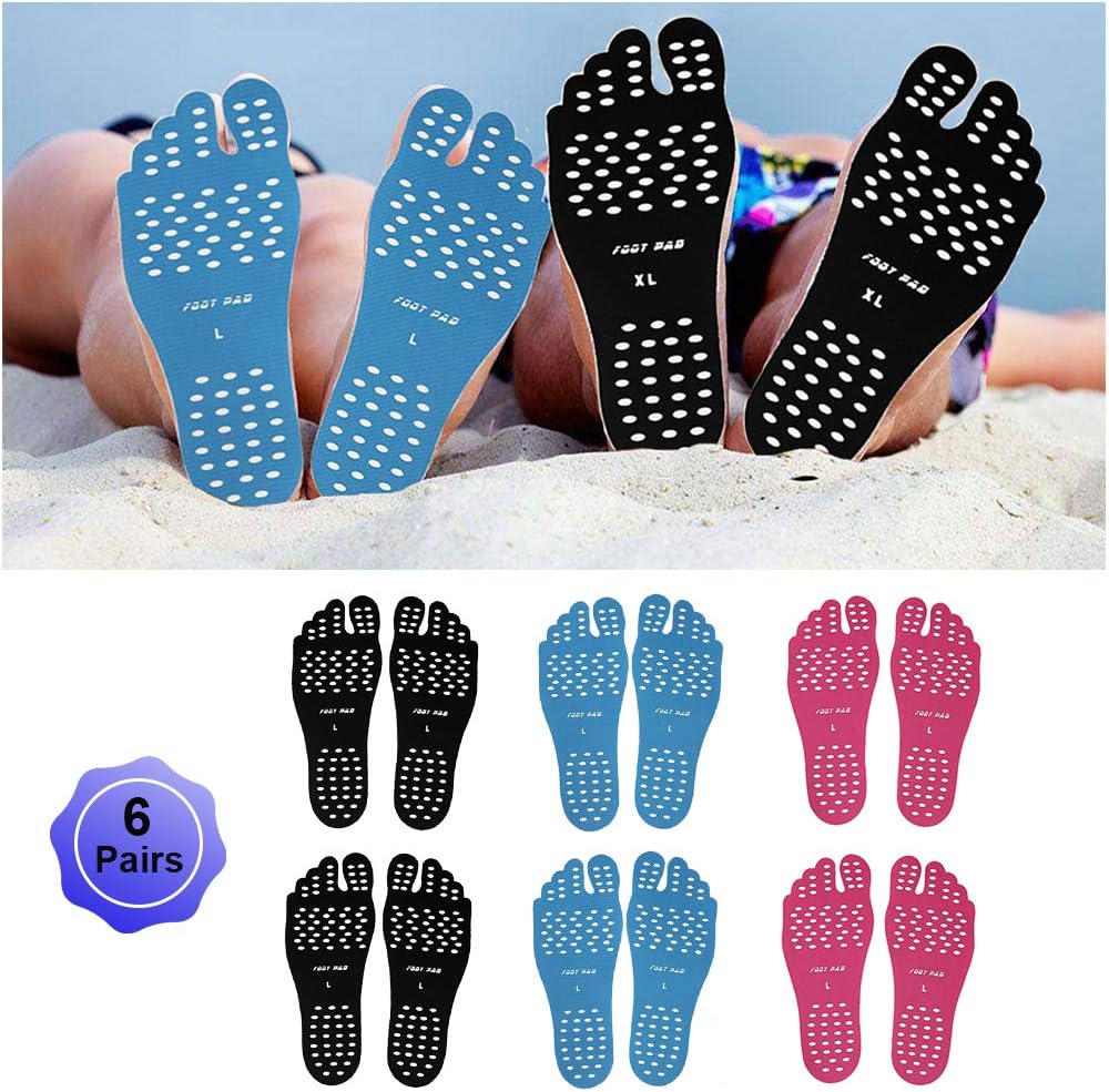 Beach Foot Pads Barefoot Adhesive Invisible Shoes Stick on Foot Pad Stickers Stick on Soles Anti-Slip Waterproof Silicone Unisex Footing Pad For Surfing Swimming 6 Pack Black Blue Rose 7-9.5 Size