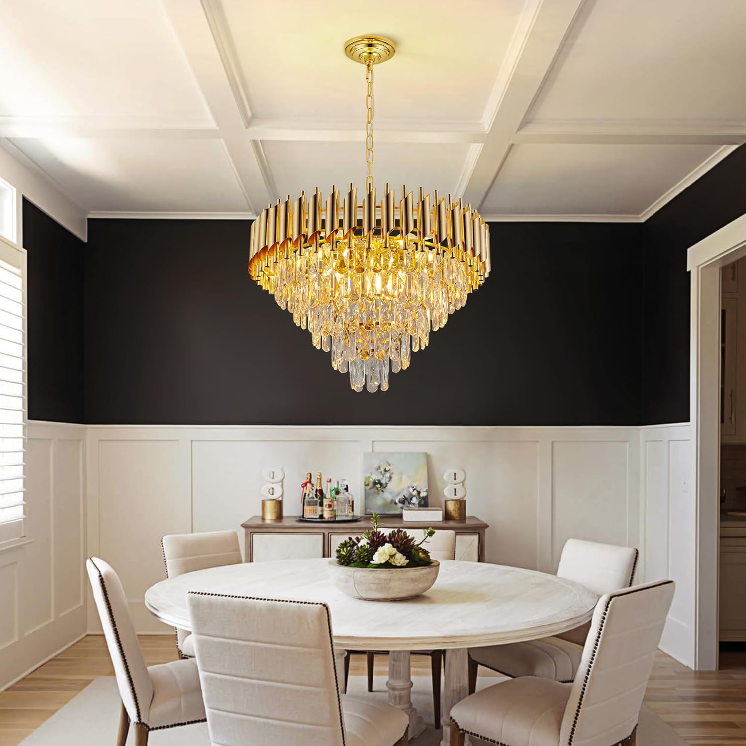 Modern Crystal Chandelier, Luxury Gold Chandelier for Dining Room, 22.8” Crystal Round Pendant Light Fixture, 5-Tier Hanging Lamp for Kitchen Island, Living Room, Foyer, Over Dining Table