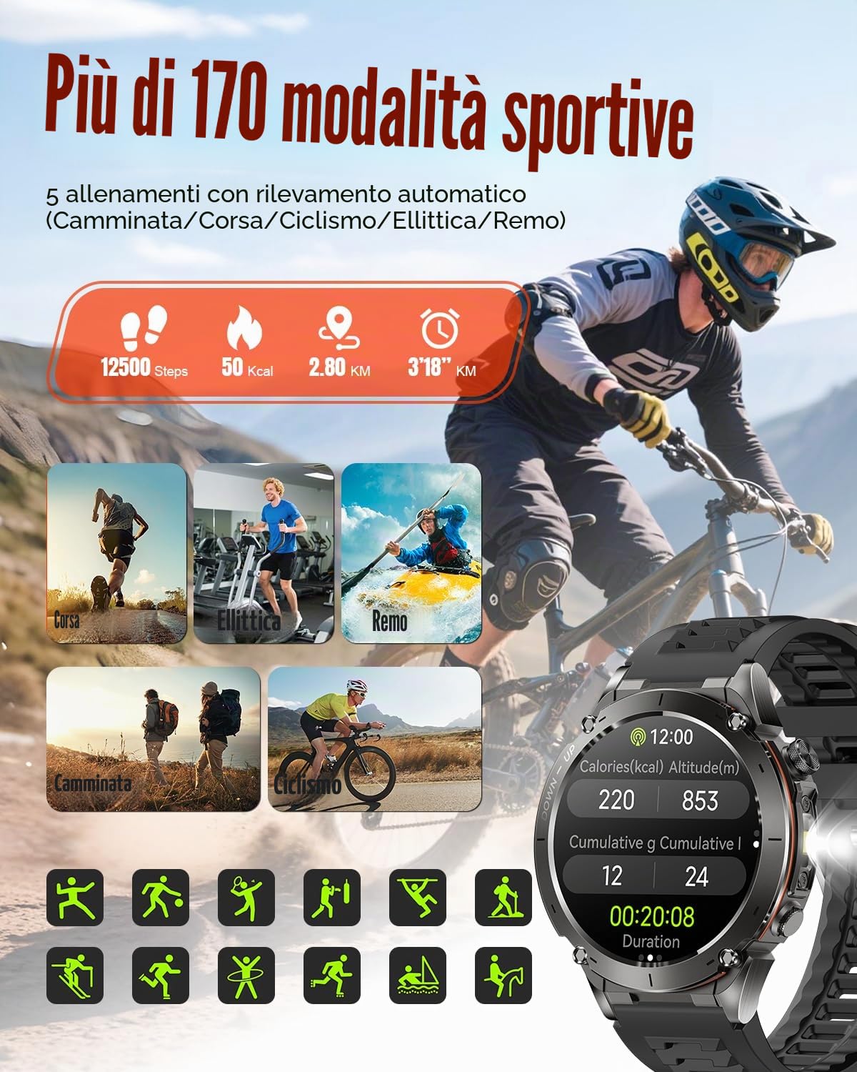 TERRAX Smartwatch Uomo - GPS, Touchscreen 1.43", Monitor Frequenza Cardiaca, SpO2, Tracciamento Sonno, Contapassi, Chiamate Bluetooth, Impermeabile IP69, 170+ Modalità Sportive