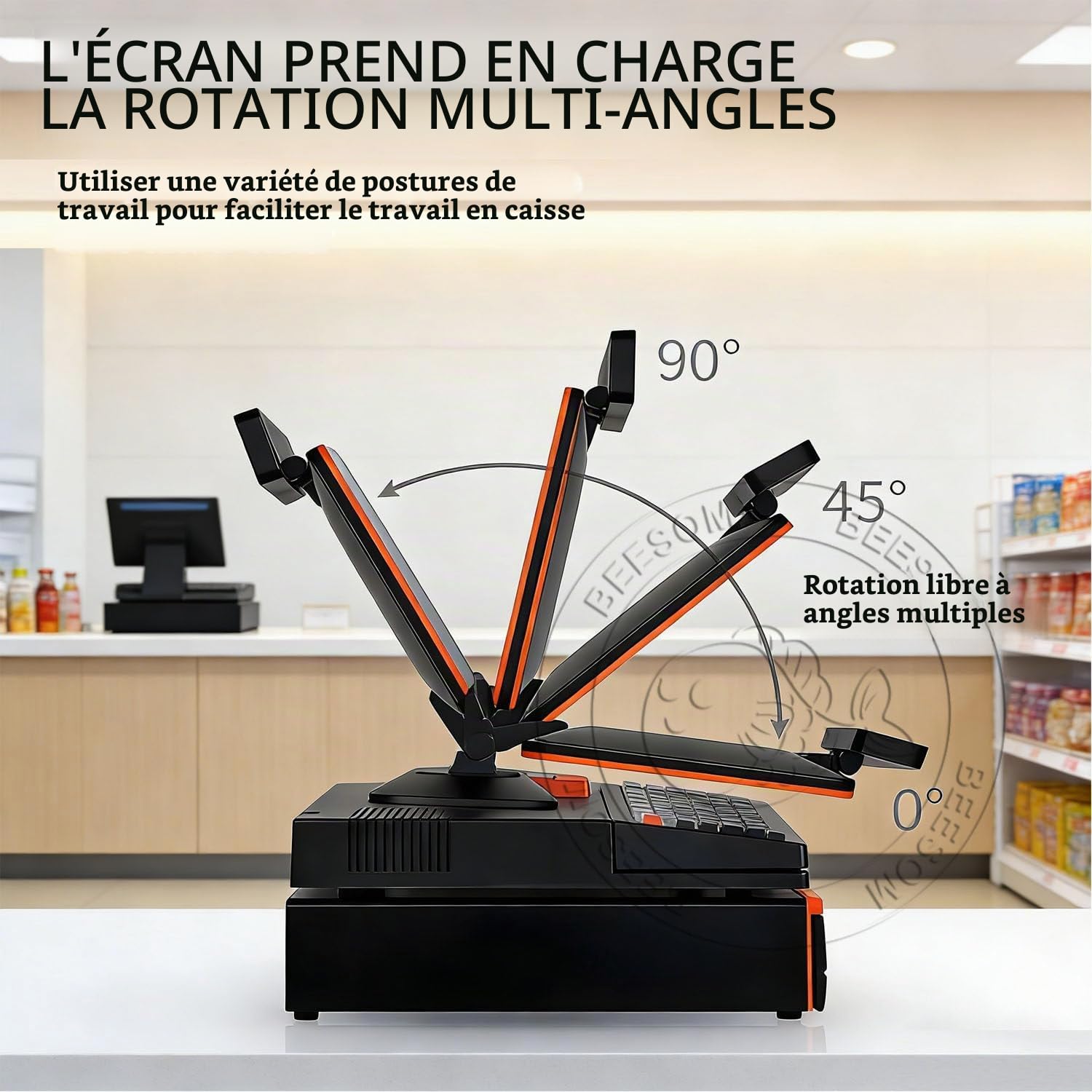 Caisse Enregistreuse Professionnelle,Imprimante Thermique,15,6" Écran Tactile Pliable Multi-Angle,4G+128Go + Processeur Dual-Core, Scanner + Tiroir-Caisse,Supermarché/Café Double