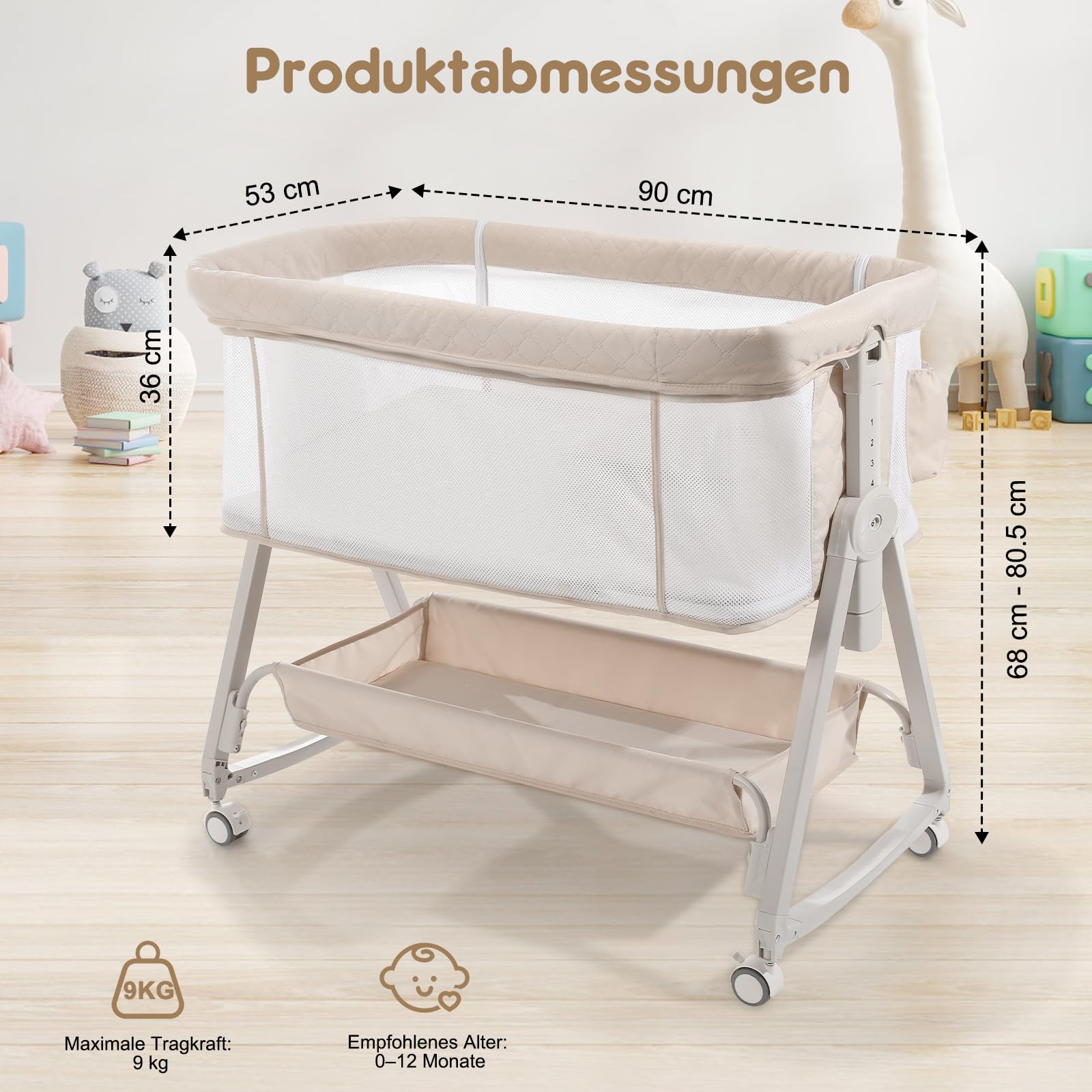 Baby Beistellbett 4-in-1 mit Wiegefunktion, Stubenwagen, 6-Fach Höhenverstellbar, 360° Atmungsaktives Netz für Neugeborene bis 12 Monate