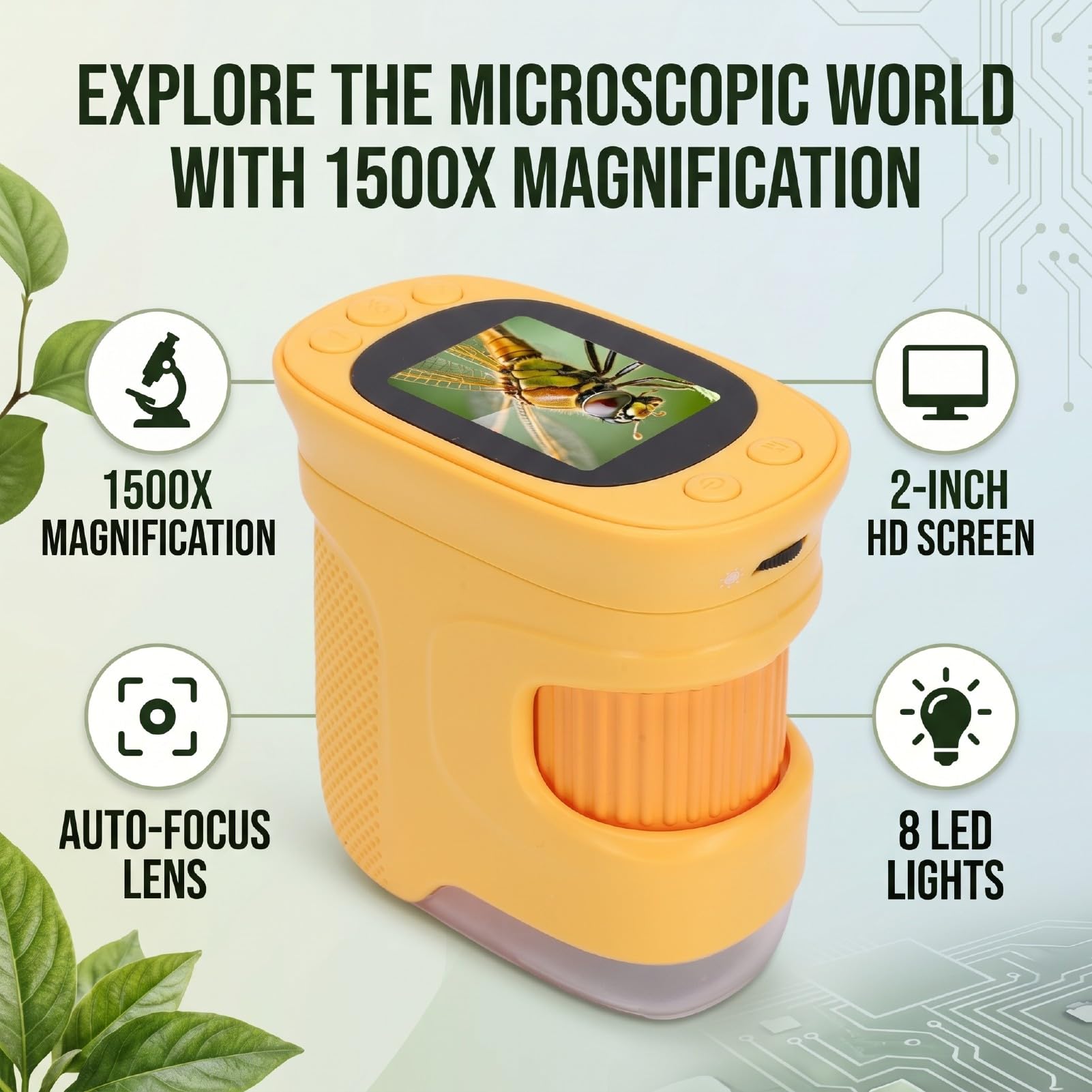 Handdigitalmikroskop, 2MP 1500X Handdigitalmikroskop mit AF-Autofokus 8 LED-Leuchten 2-Zoll-HD-Bildschirm für Erkundungen Im Freien