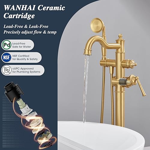 Miniatura 6 de Grifo de bañera independiente, relleno de bañera de cascada, montaje en suelo, grifos de baño de latón con ducha de mano