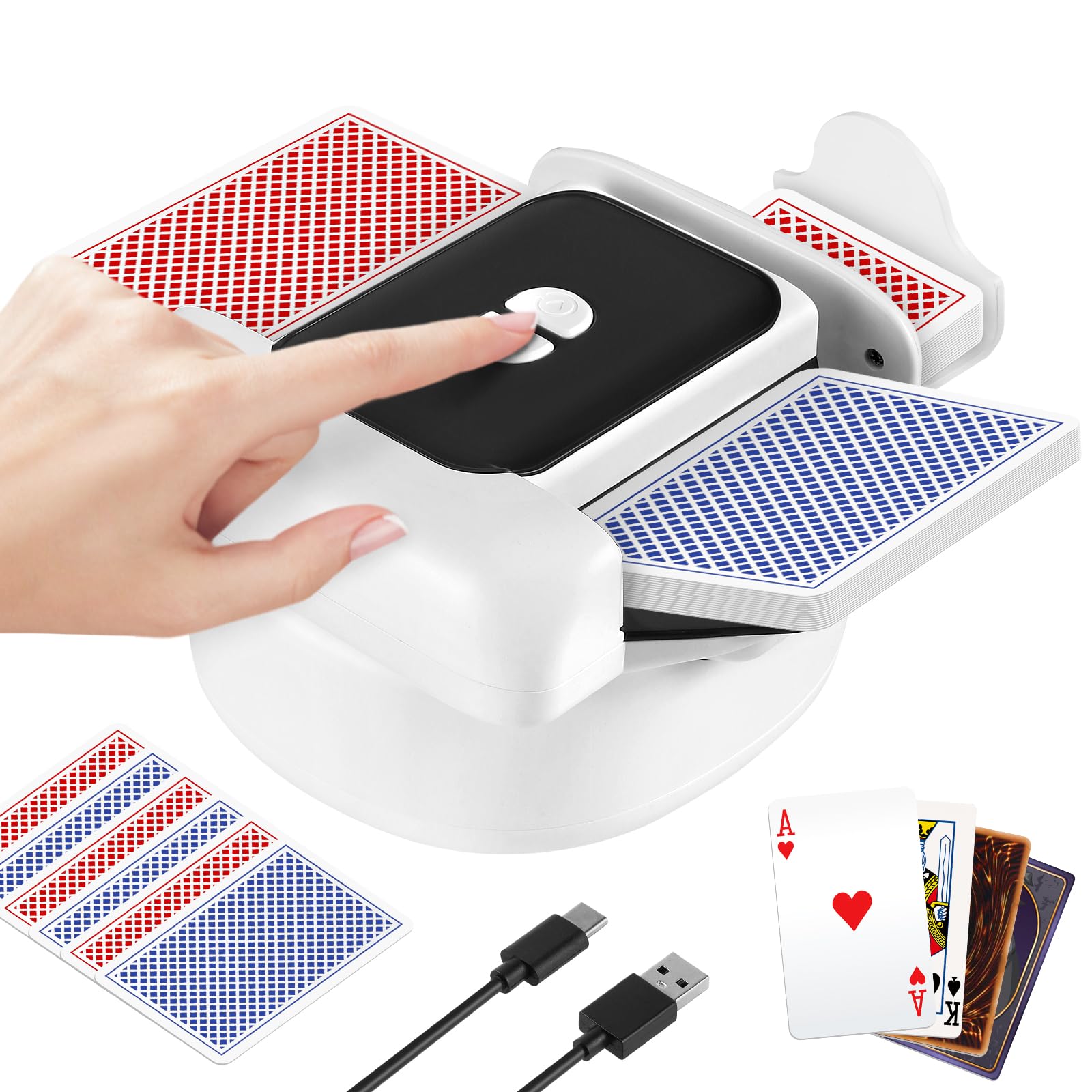 Kartenmischmaschine Elektrische für 1–2 Decks, Automatischer Kartenmischer mit One-Press Auto & Manueller Modus, Wiederaufladbarer Geräuscharmer Kartenmischgerät für Poker UNO Blackjack Skip-BO