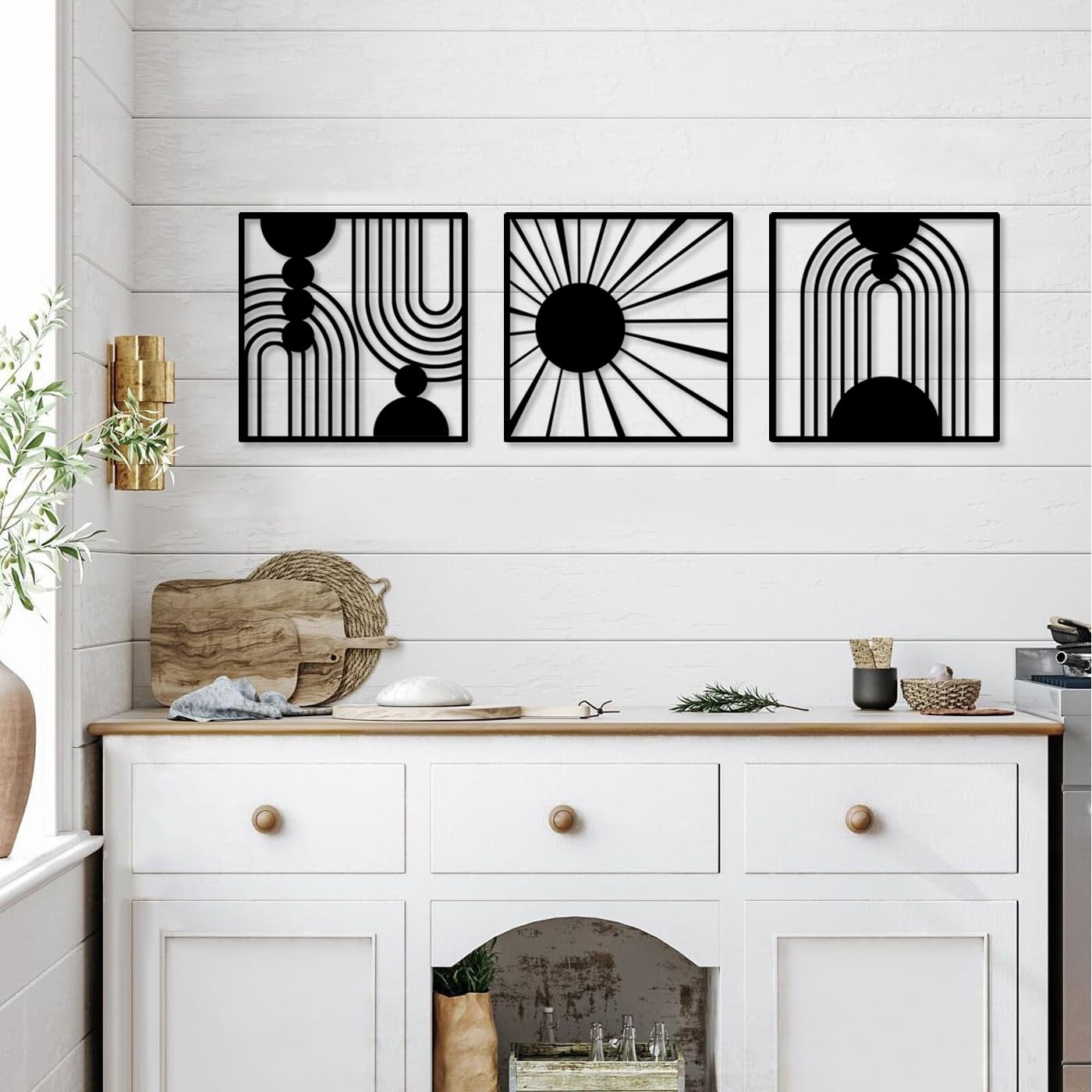 3 PCS Black etal Line Art Abstract inialist Boho Sun oon Geoetric Wall Decor - Wall Art and Hoe Decor price