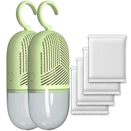 Nezzbe Hanging Moisture Absorber-2 Packs, 360 degree Ventilation Reusable Dehumidifier for Closet with 6 Refill Bags, Damp Rid Essentials for Wardrobes, Bedrooms and Bathrooms, Green