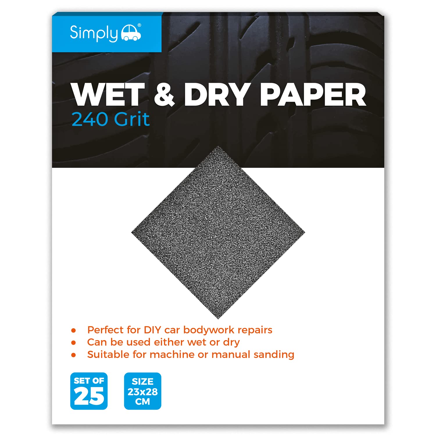 Simply WD0240 Wet & Dry Polishing Paper 240 Grit, Pack of 25, 230mm x 280mm, Perfect for DIY Car Bodywork Repairs Machine