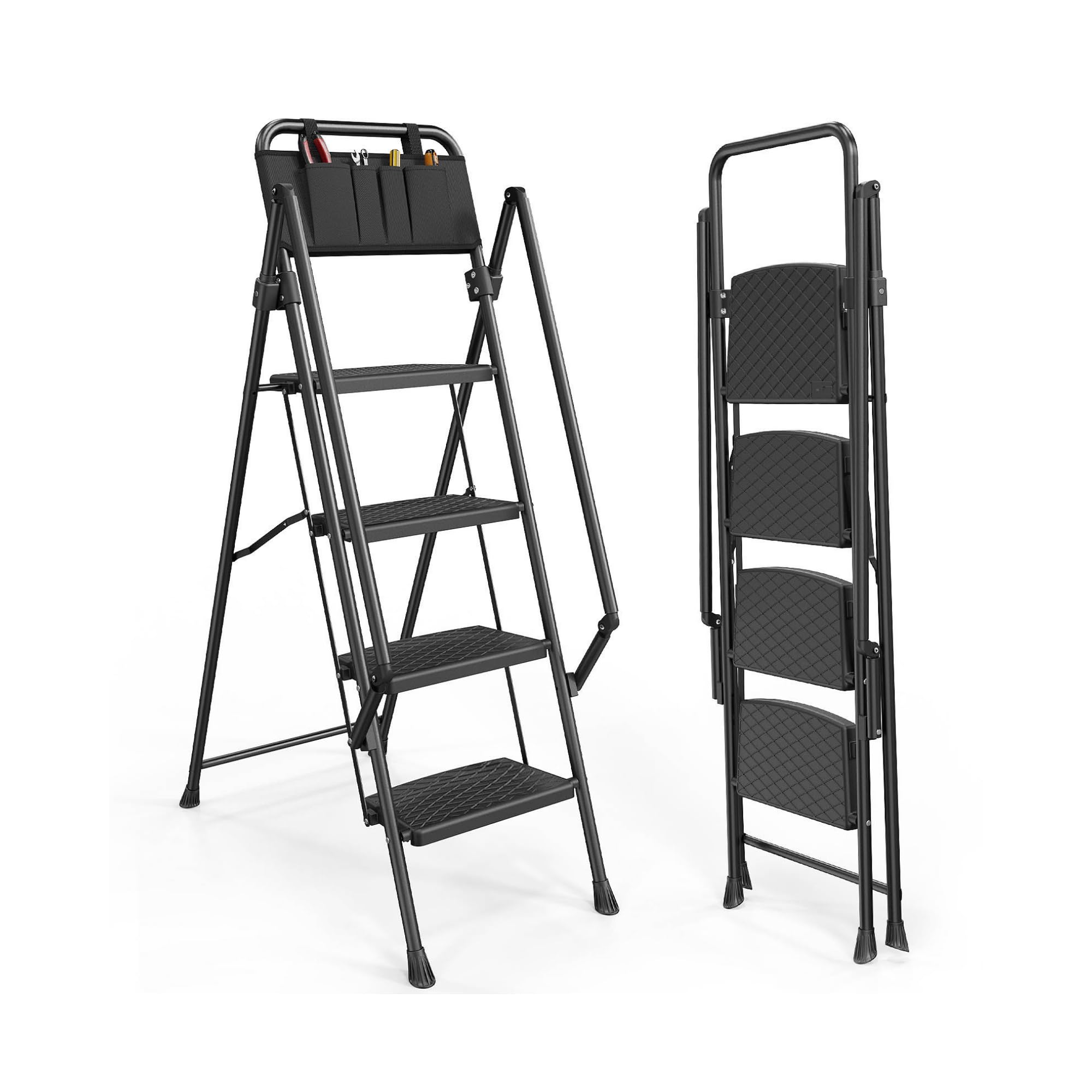 Homelux P19263 Escalera Plegable 4 Peldaños Anchos con Pasamanos – Peldaños de Polipropileno Antideslizantes con Estructura de Abeja – Escalera Hogar Segura y Compacta