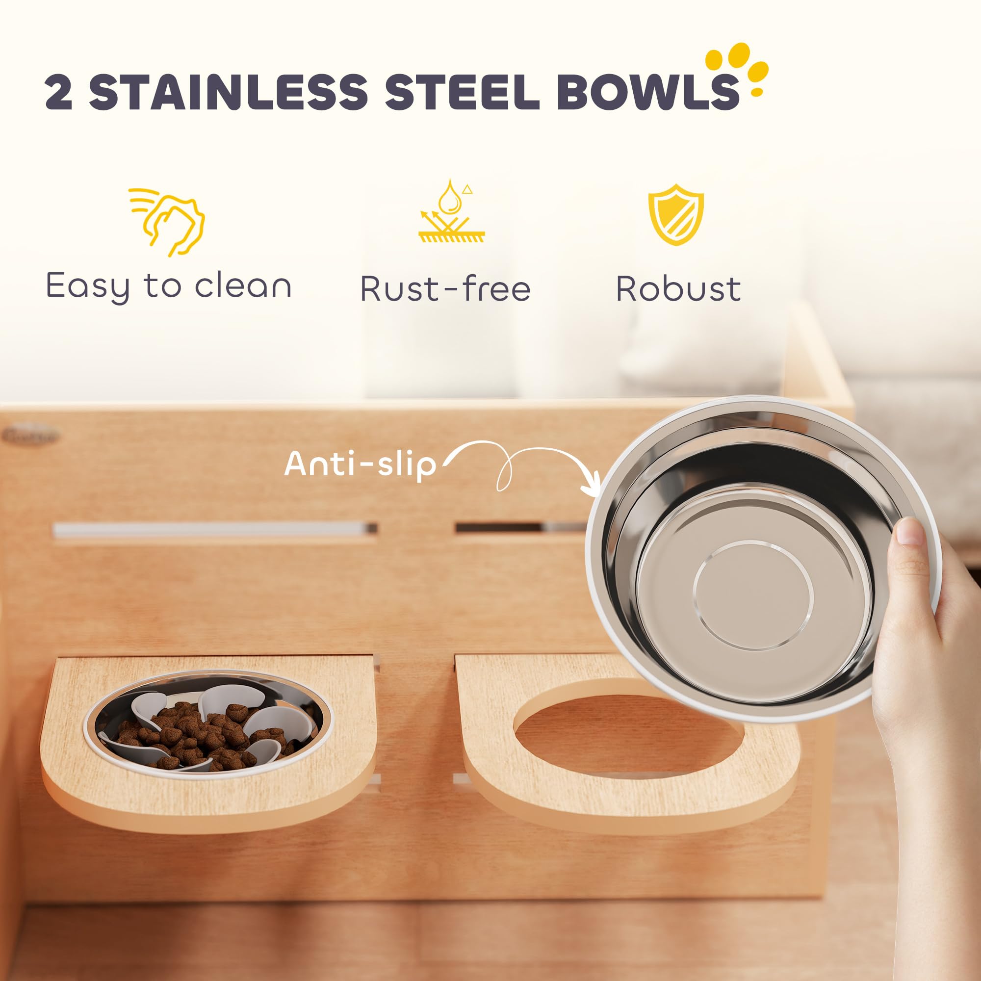 PawHut Ciotola per Cani rialzata di 3 Altezze Regolabili, Ciotola per Cani con 2 Ciotole in Acciaio Inox, Tappetino per Alimentazione Lento, Design Separato, per Cani Piccoli, Medi e Grandi, Rovere