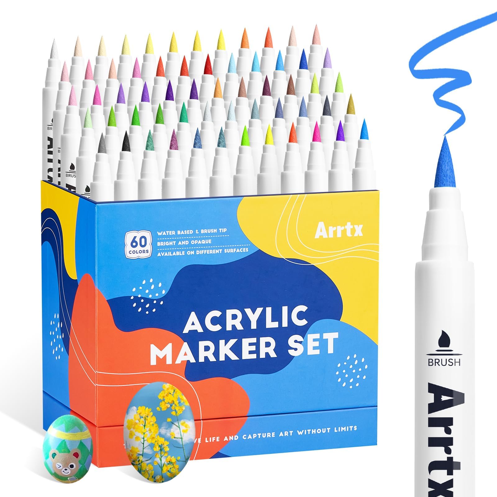Arrtx 60 Colors Acrylic Coloring Pencils, Color Markers Coloring Pencils, Brush Tip for Stone Painting, Wood, Canvas, Stone, Ceramic, DIY Craft Making Arts Supplies-with Neon & Metallic & Regular