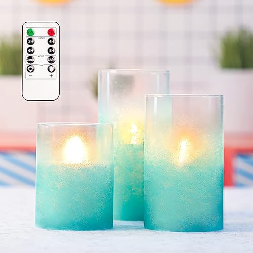 Crystal Club Velas parpadeantes sin llama con temporizador, juego de 3 velas de chorro de arena con efecto de cristal de cera real, funciona con